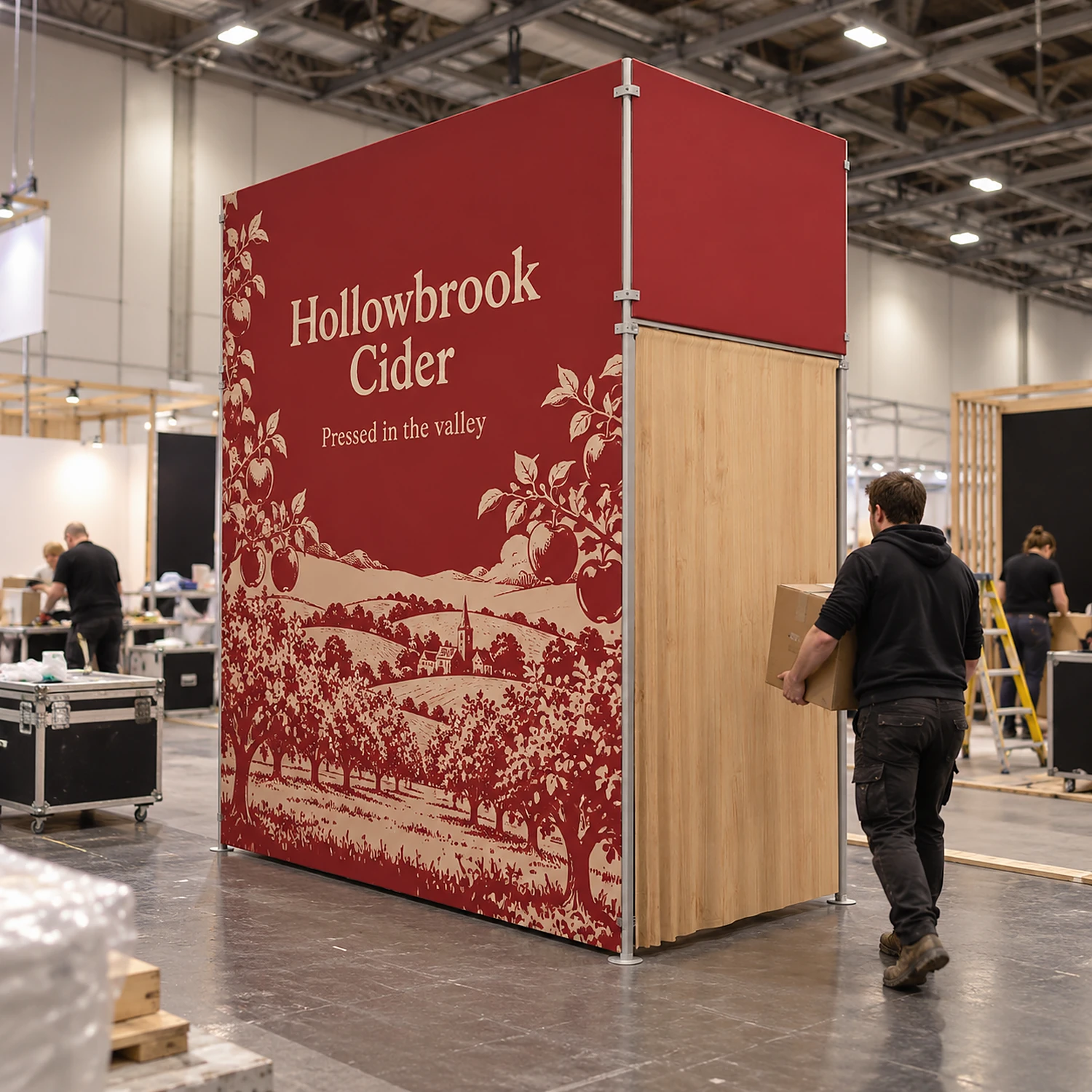 10ft WaveLine Media STOR SI fabric display wall with built-in storage room during build-up at an exhibition, shown with an example design