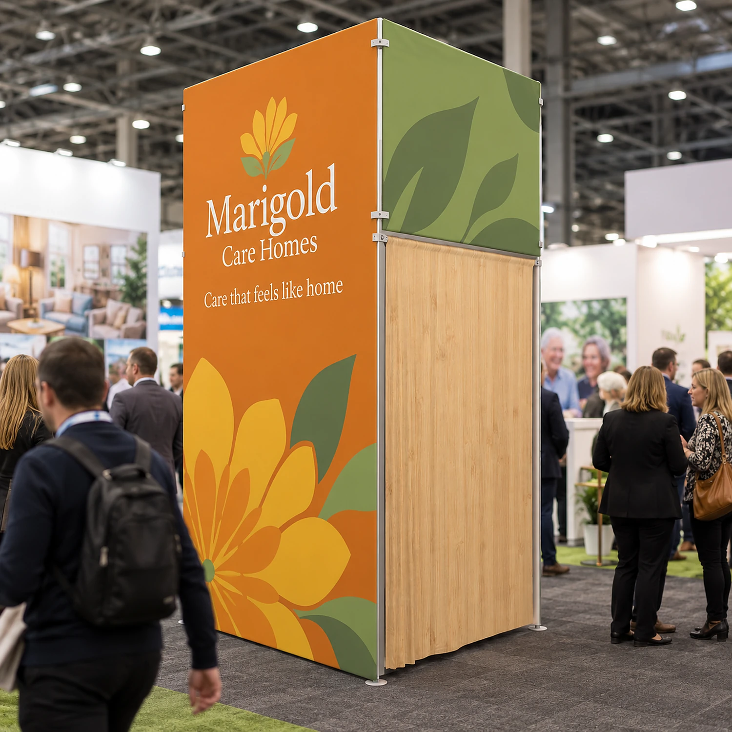 7ft WaveLine Media STOR LI fabric display wall with built-in storage room at a trade show, shown with an example design