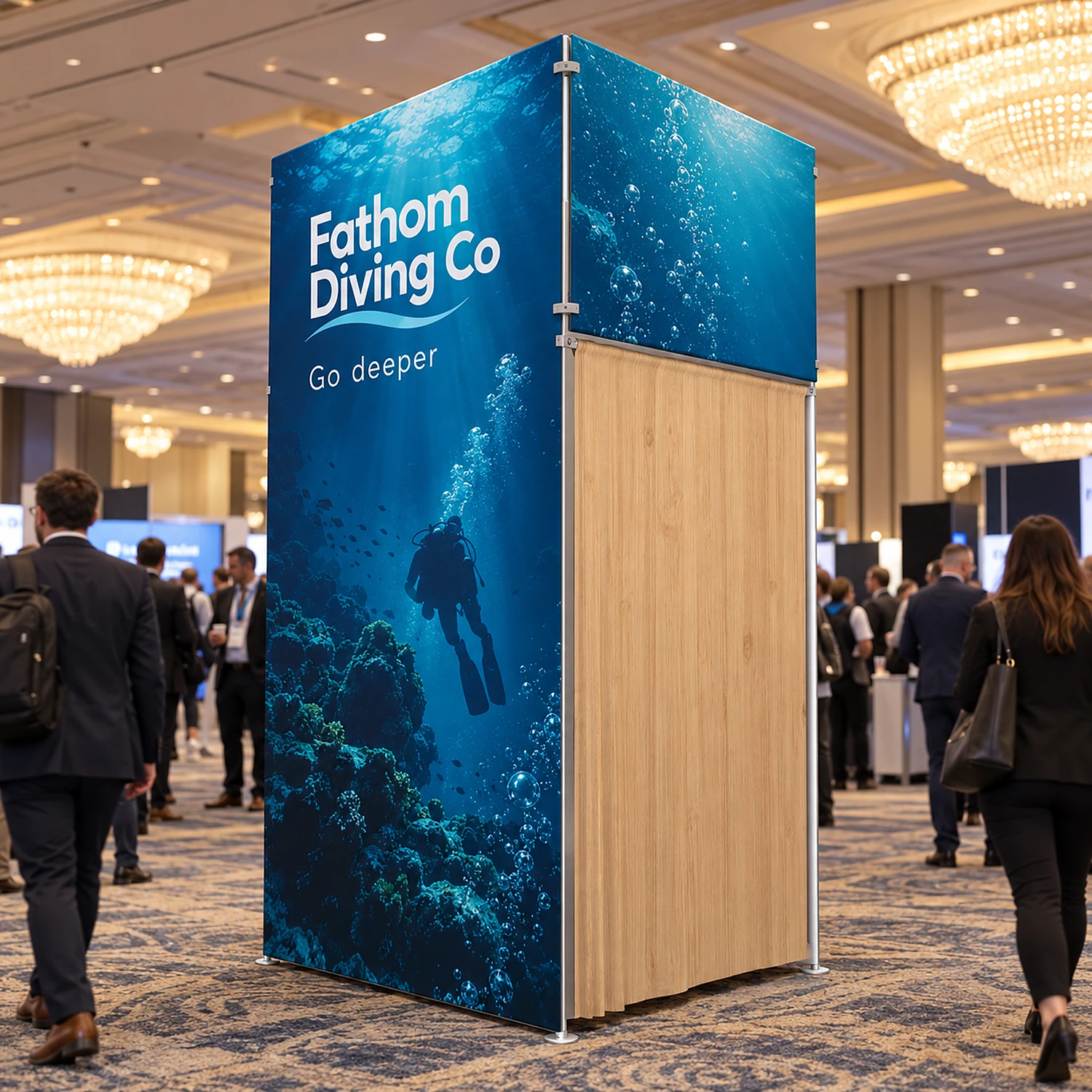7ft WaveLine Media STOR LI fabric display wall with built-in storage room at a hotel ballroom exhibition, shown with an example design