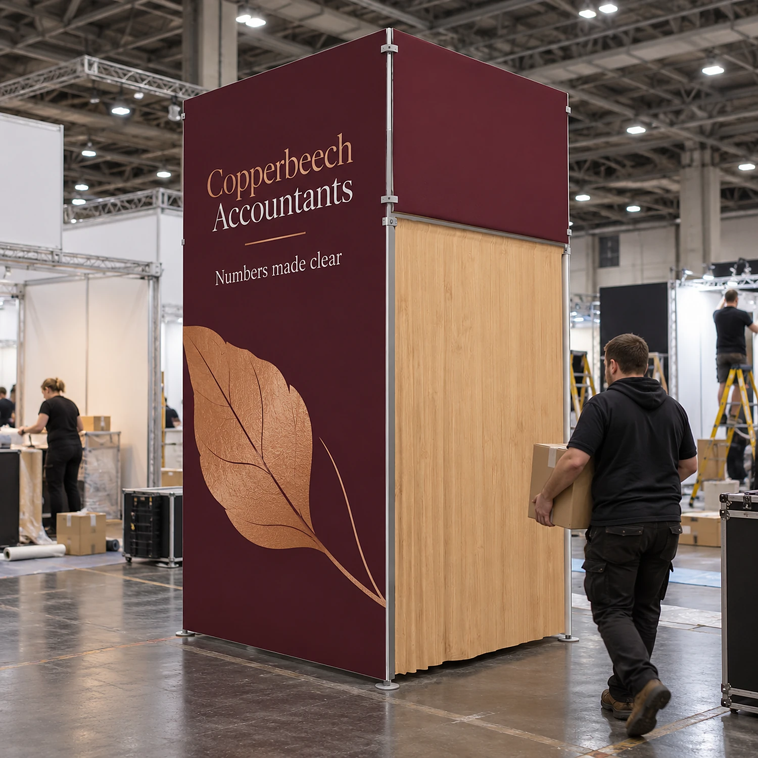 7ft WaveLine Media STOR LI fabric display wall with built-in storage room during build-up at an exhibition, shown with an example design