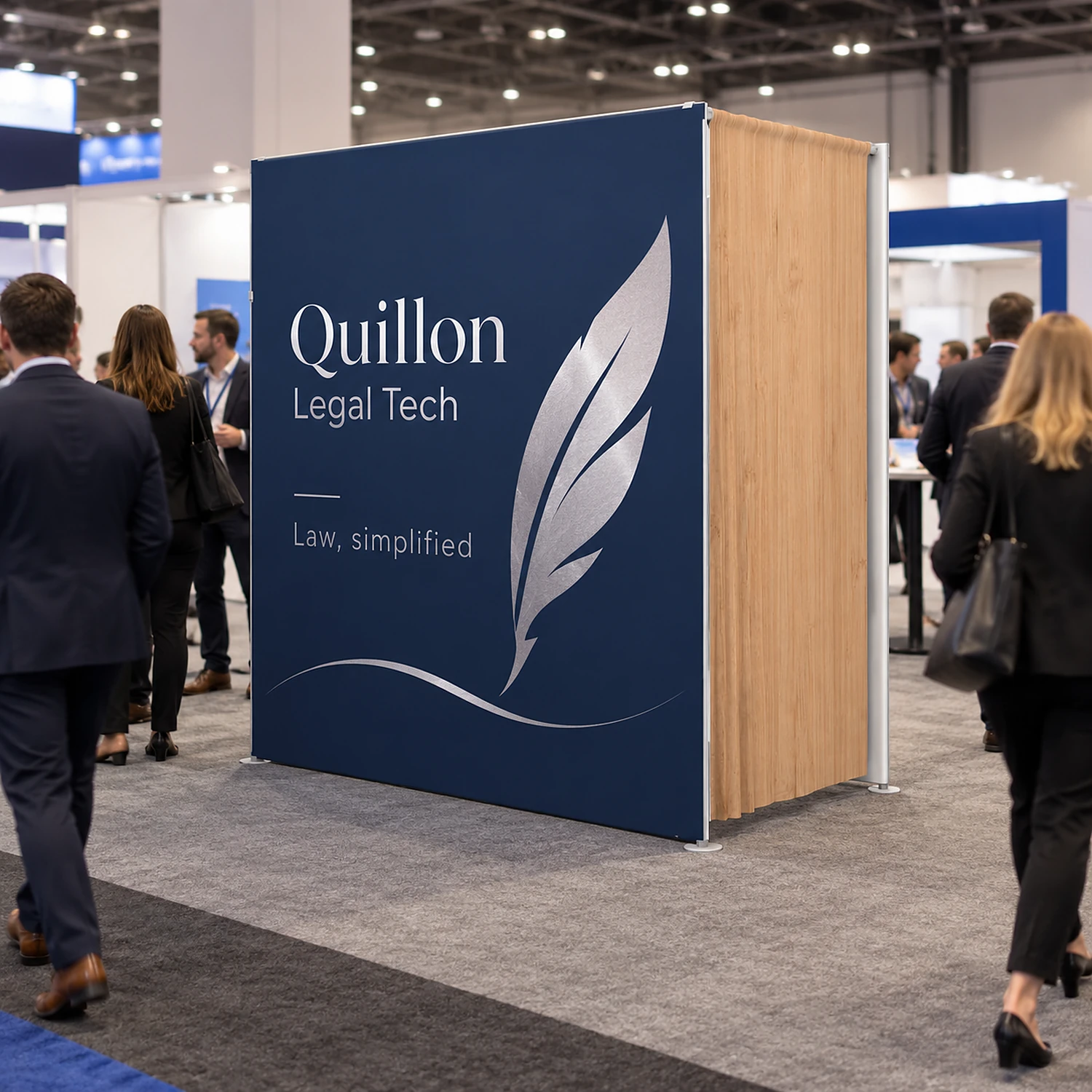 7ft WaveLine Media STOR ND fabric display wall with built-in storage room at a trade show, shown with an example design