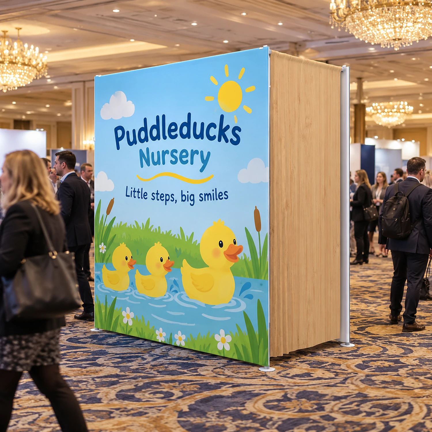 7ft WaveLine Media STOR ND fabric display wall with built-in storage room at a hotel ballroom exhibition, shown with an example design