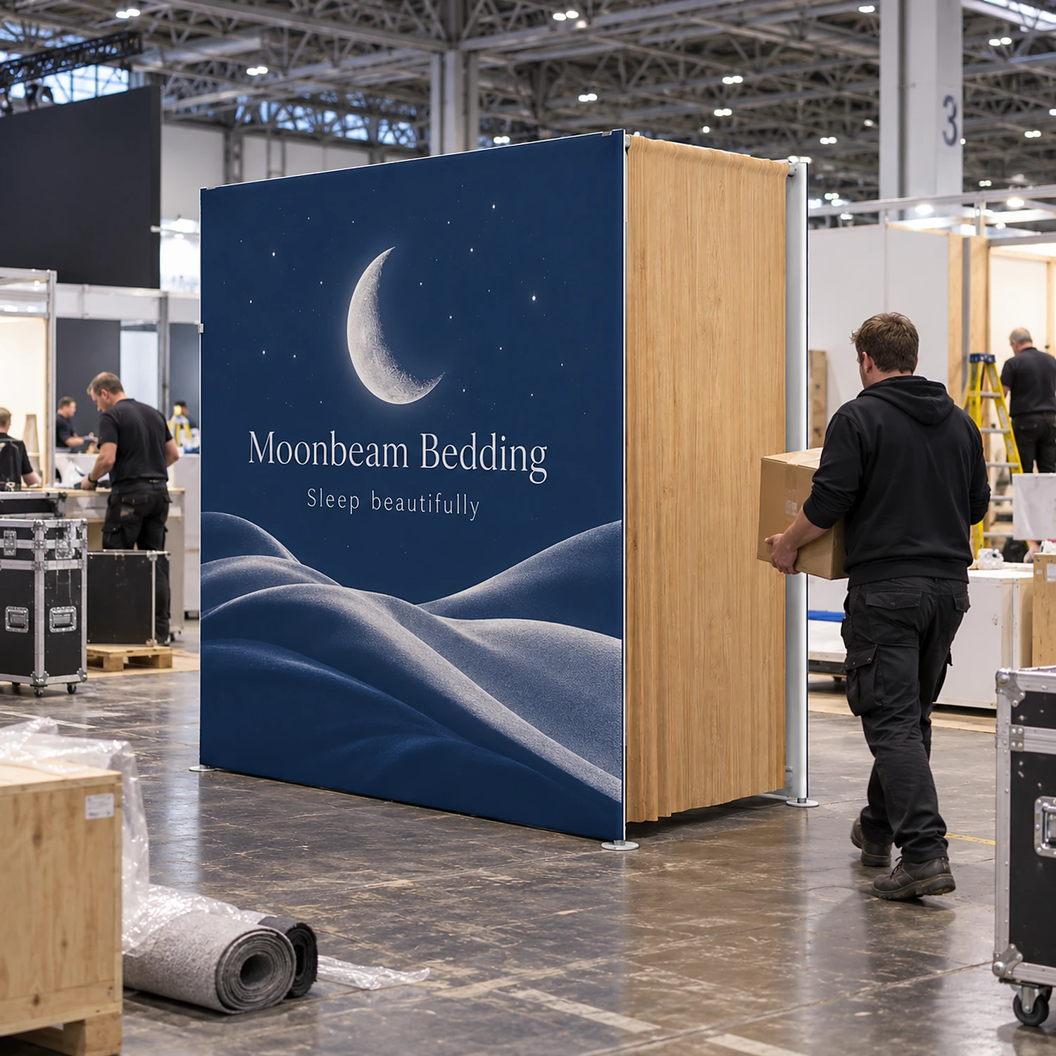 7ft WaveLine Media STOR ND fabric display wall with built-in storage room during build-up at an exhibition, shown with an example design