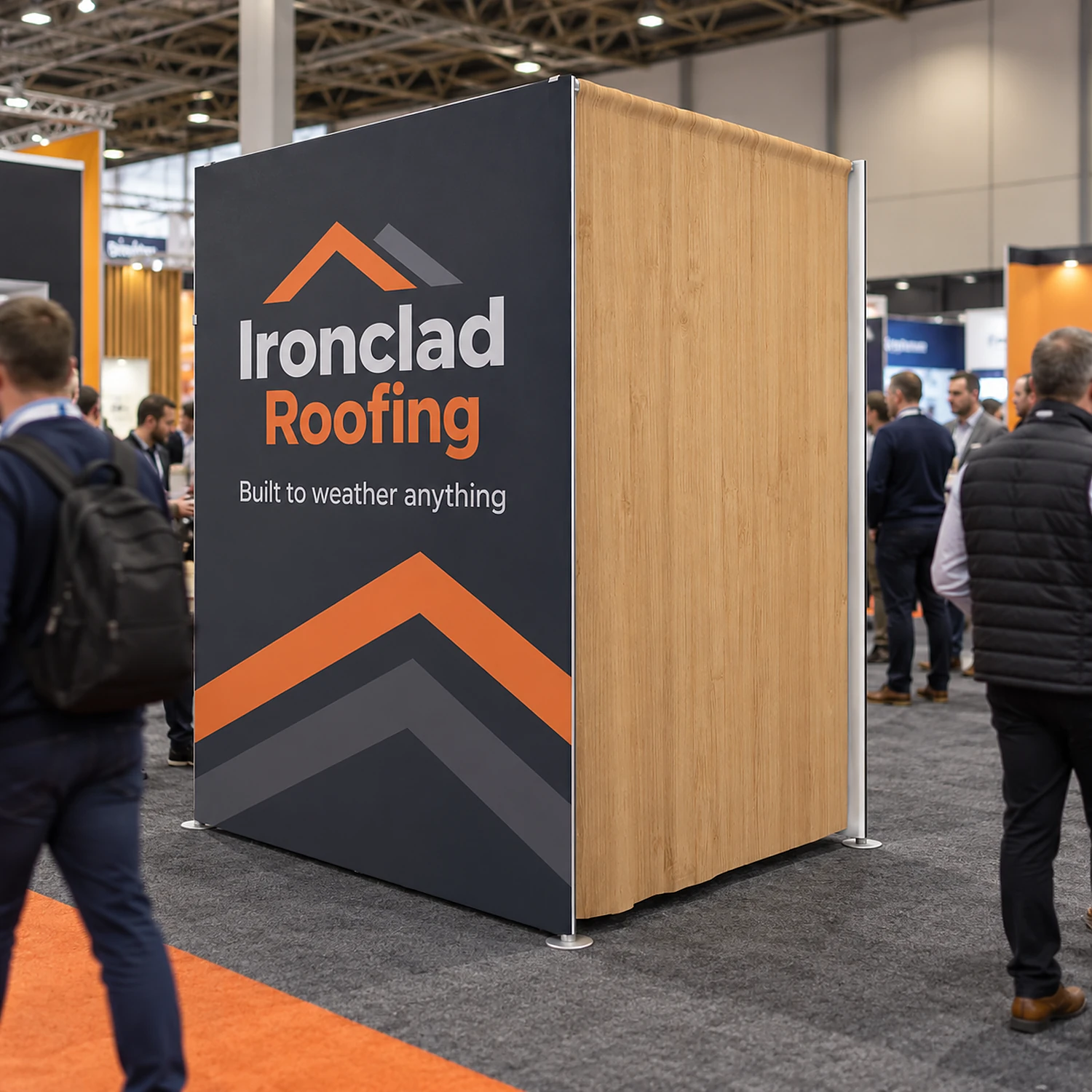7ft WaveLine Media STOR NE fabric display wall with built-in storage room at a trade show, shown with an example design