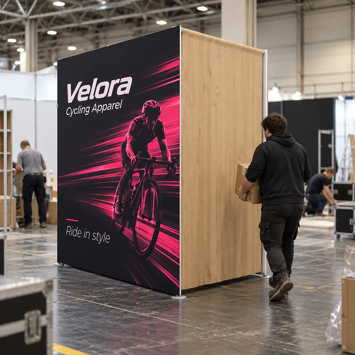 7ft WaveLine Media STOR NE fabric display wall with built-in storage room during build-up at an exhibition, shown with an example design