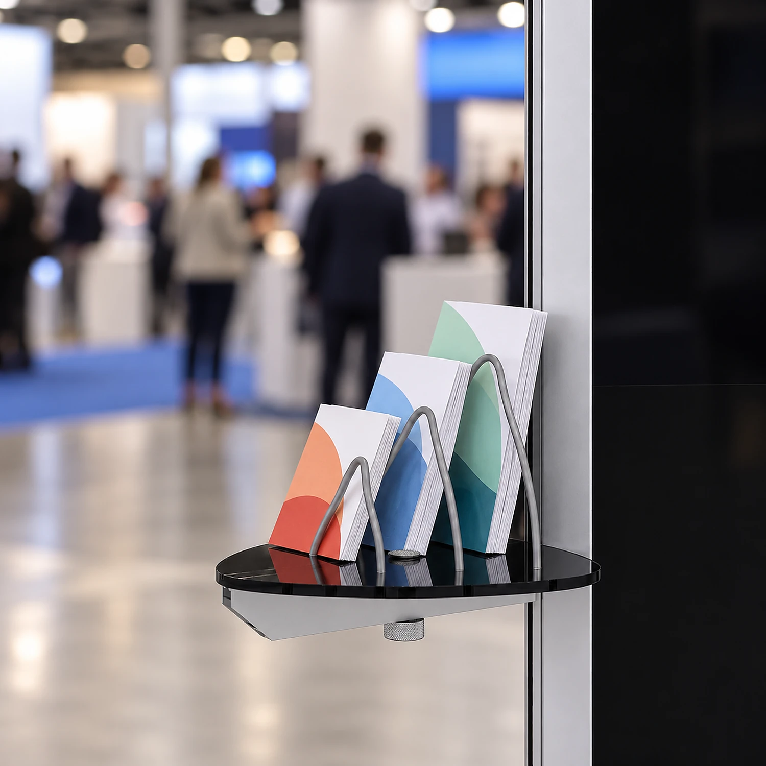 Black brochure holder fitted to a kiosk at a trade show