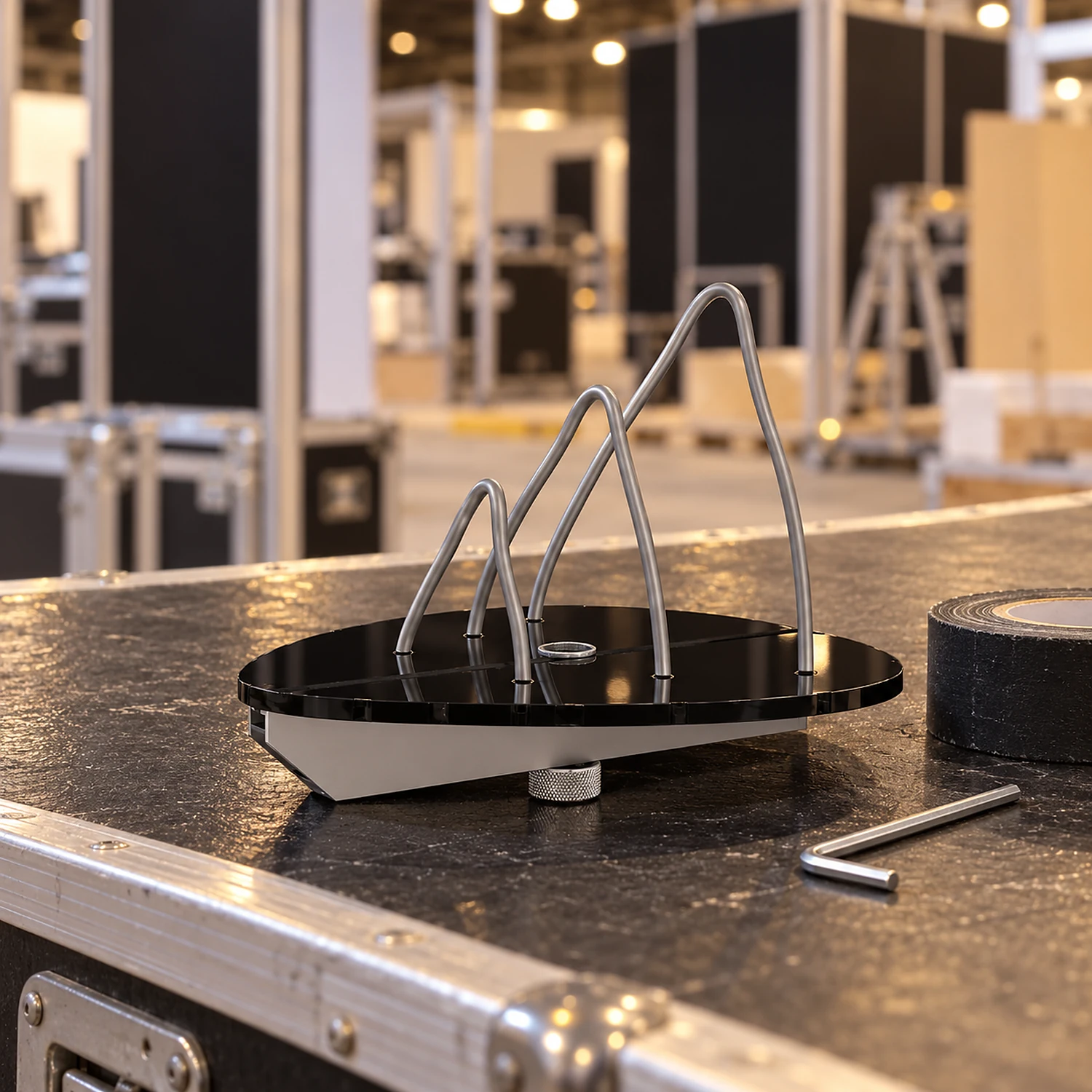 Black brochure holder on a flight case during stand build-up