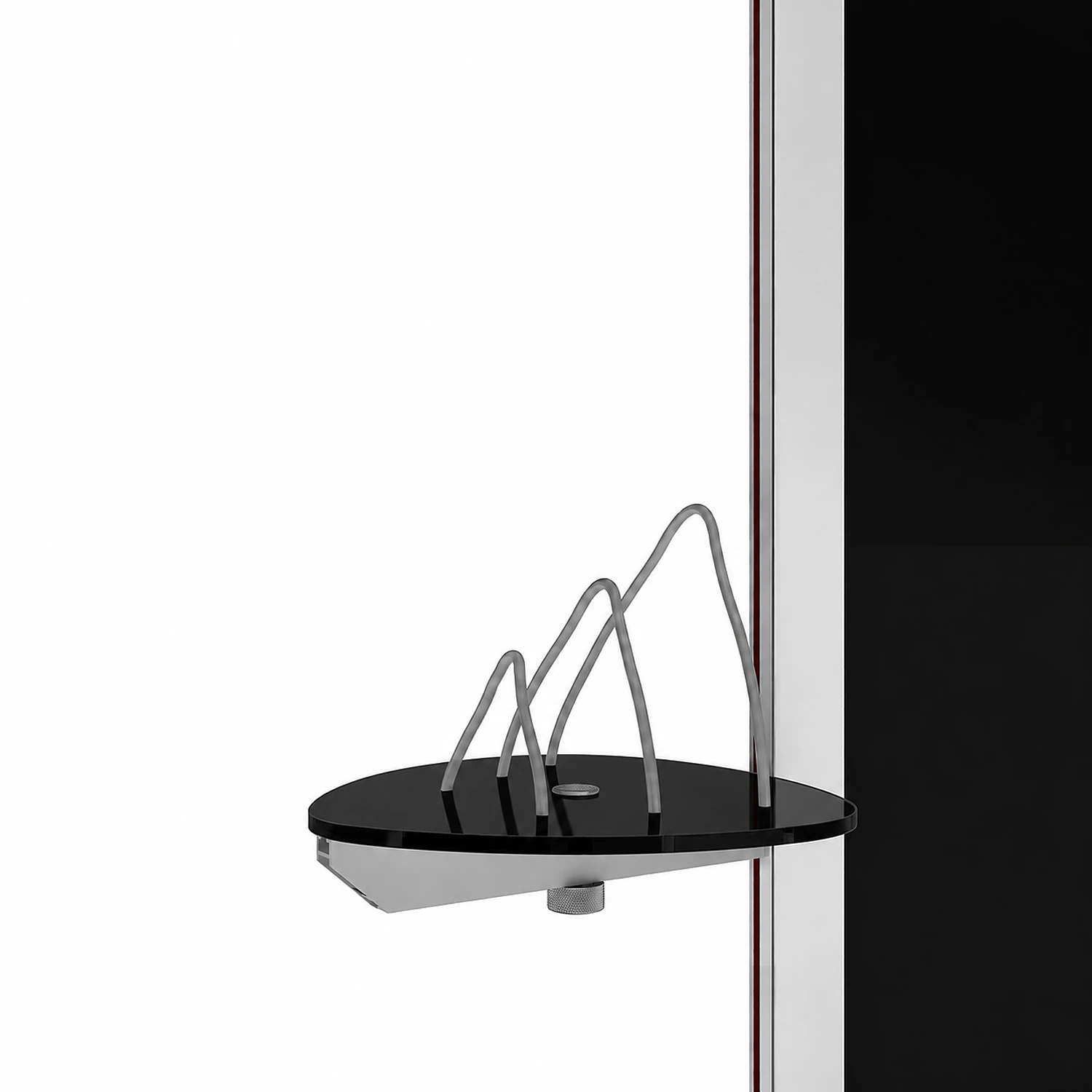 Black brochure holder fitted to a kiosk upright