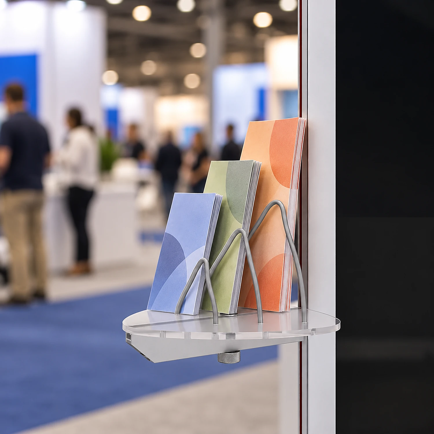 Clear brochure holder fitted to a kiosk at a trade show