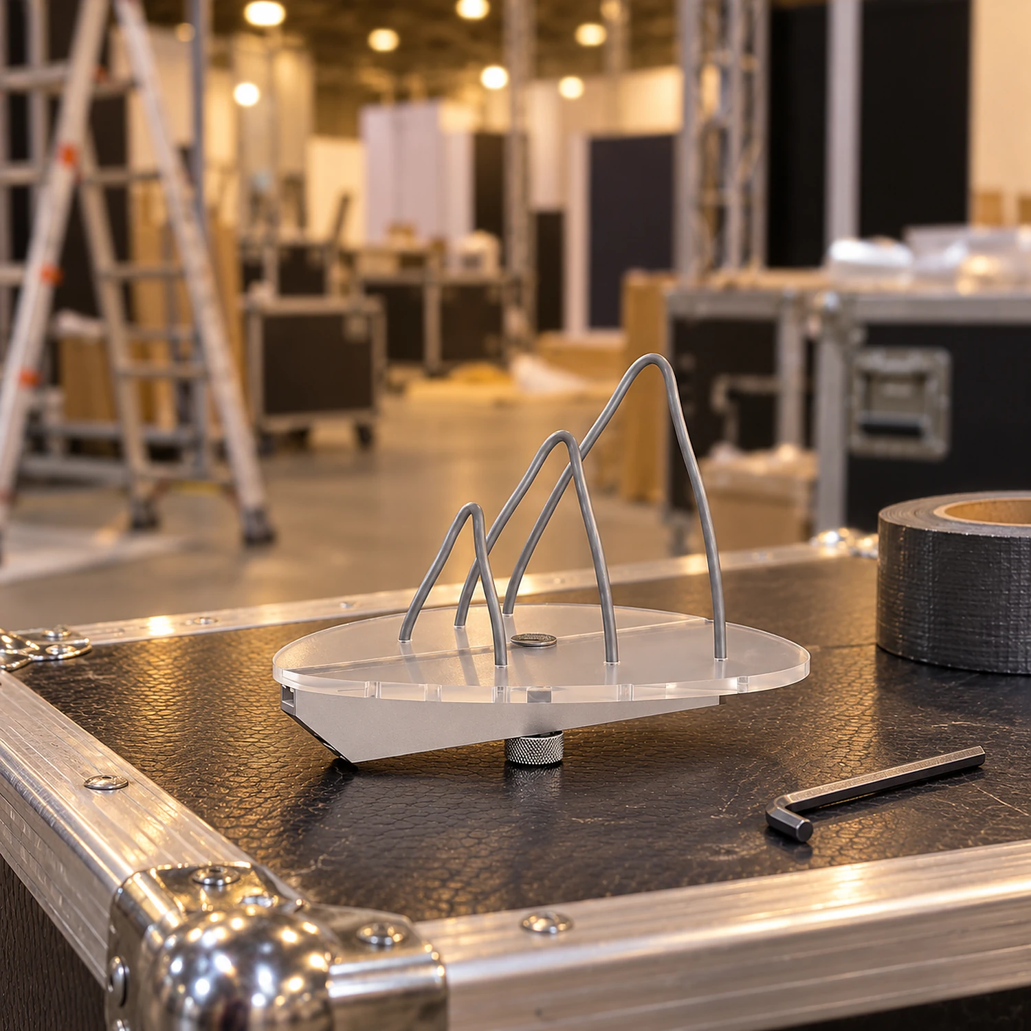 Clear brochure holder on a flight case during stand build-up