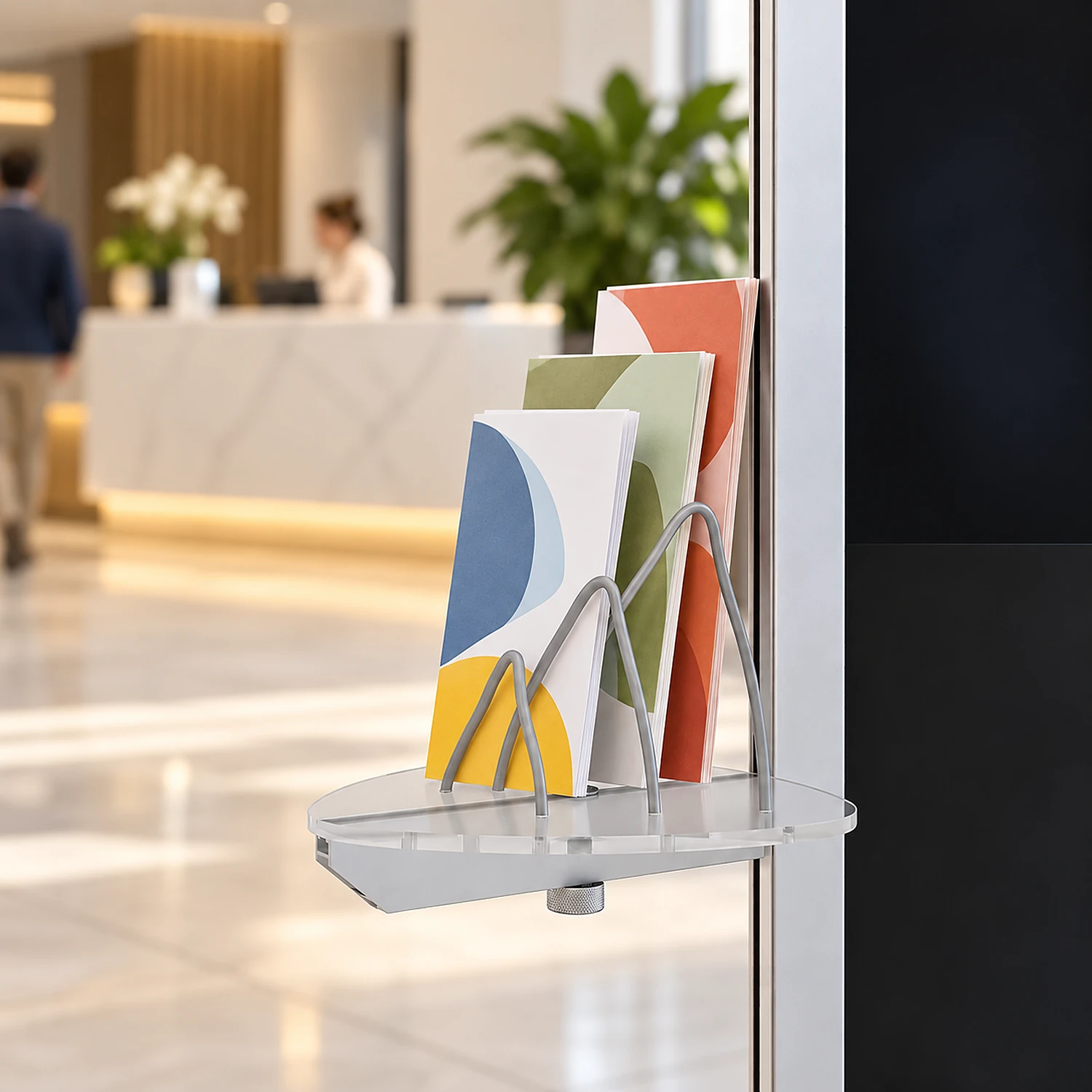 Clear brochure holder on a kiosk in a reception area