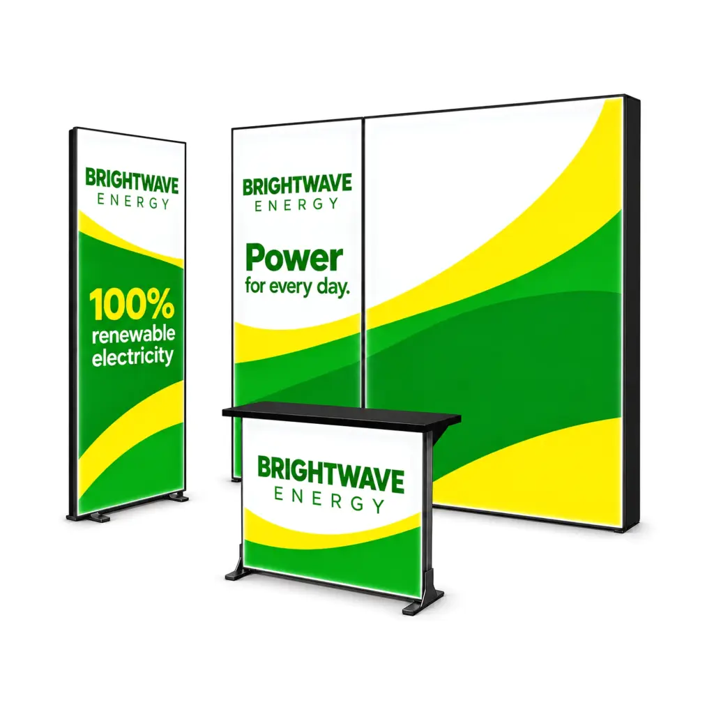 Lightbox exhibition stand kit with a backlit wall, lightbox banner and counter