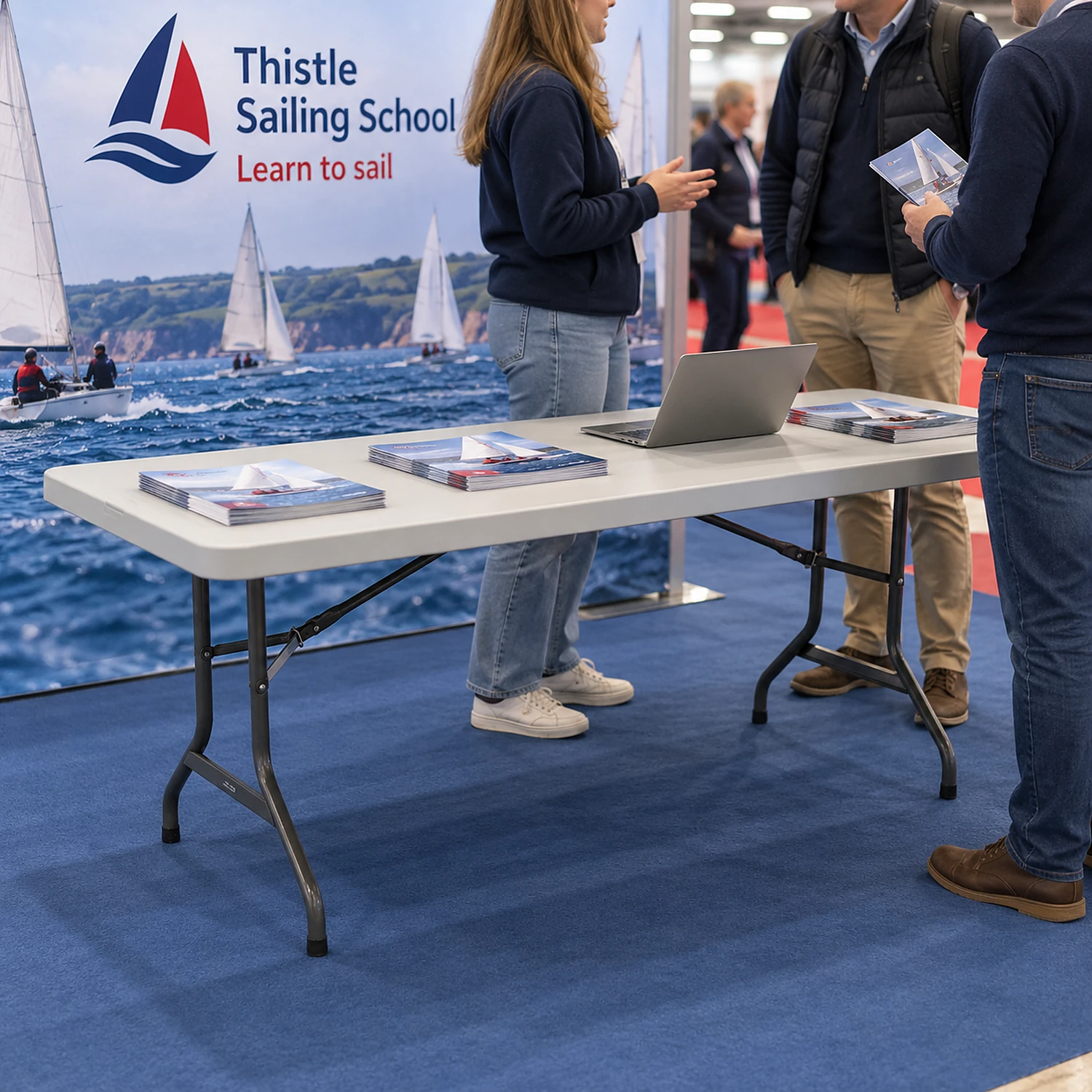 Folding trestle table in use on a trade show stand