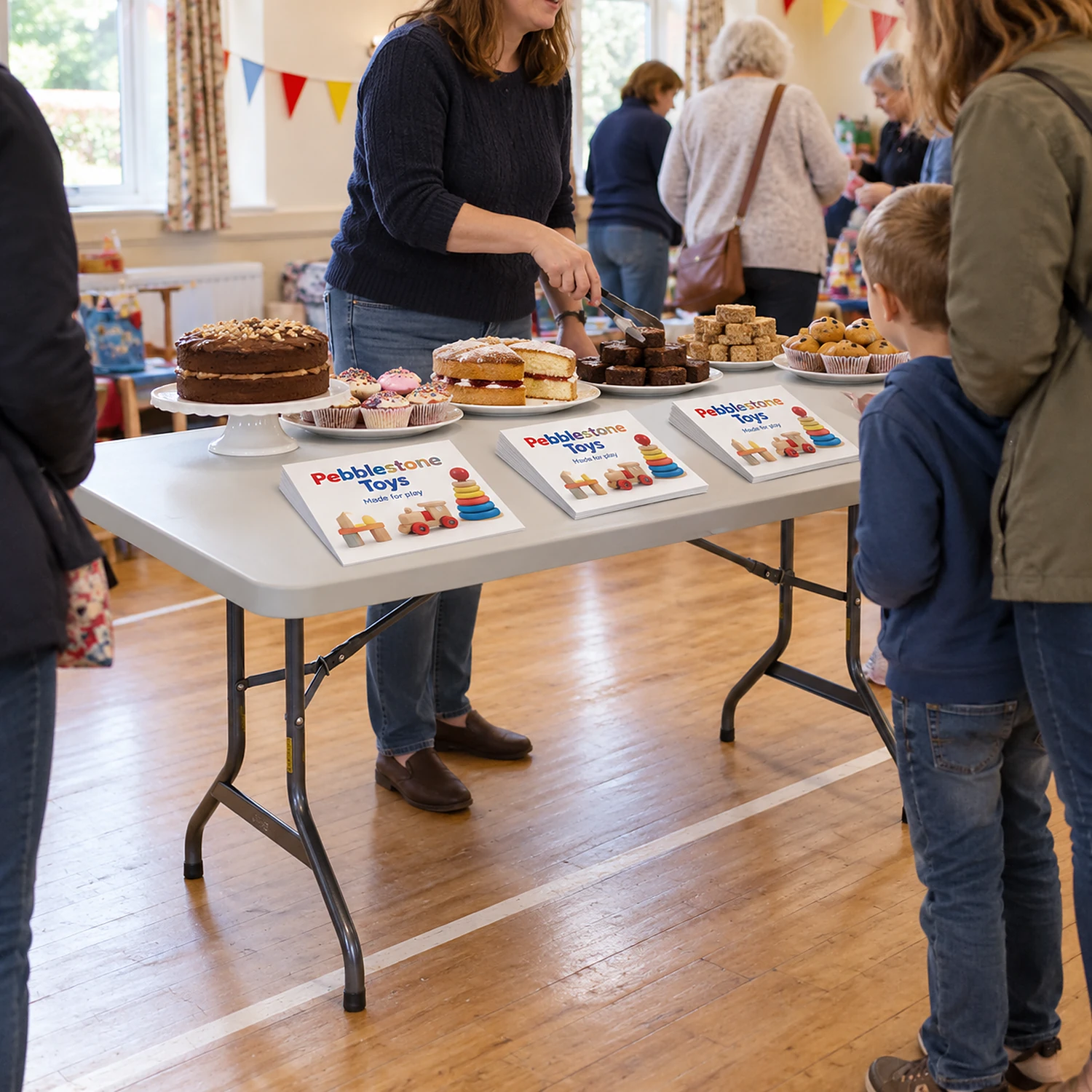 Folding trestle table in use at a community fete