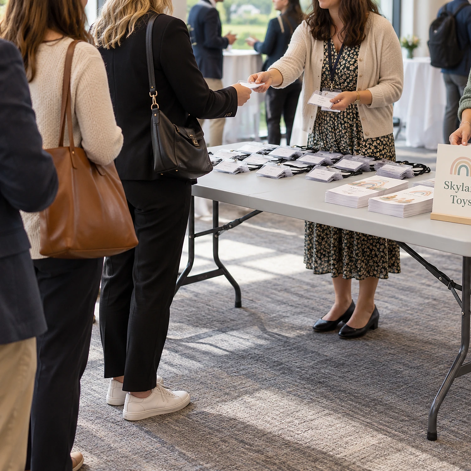 Folding trestle table in use as a conference registration desk