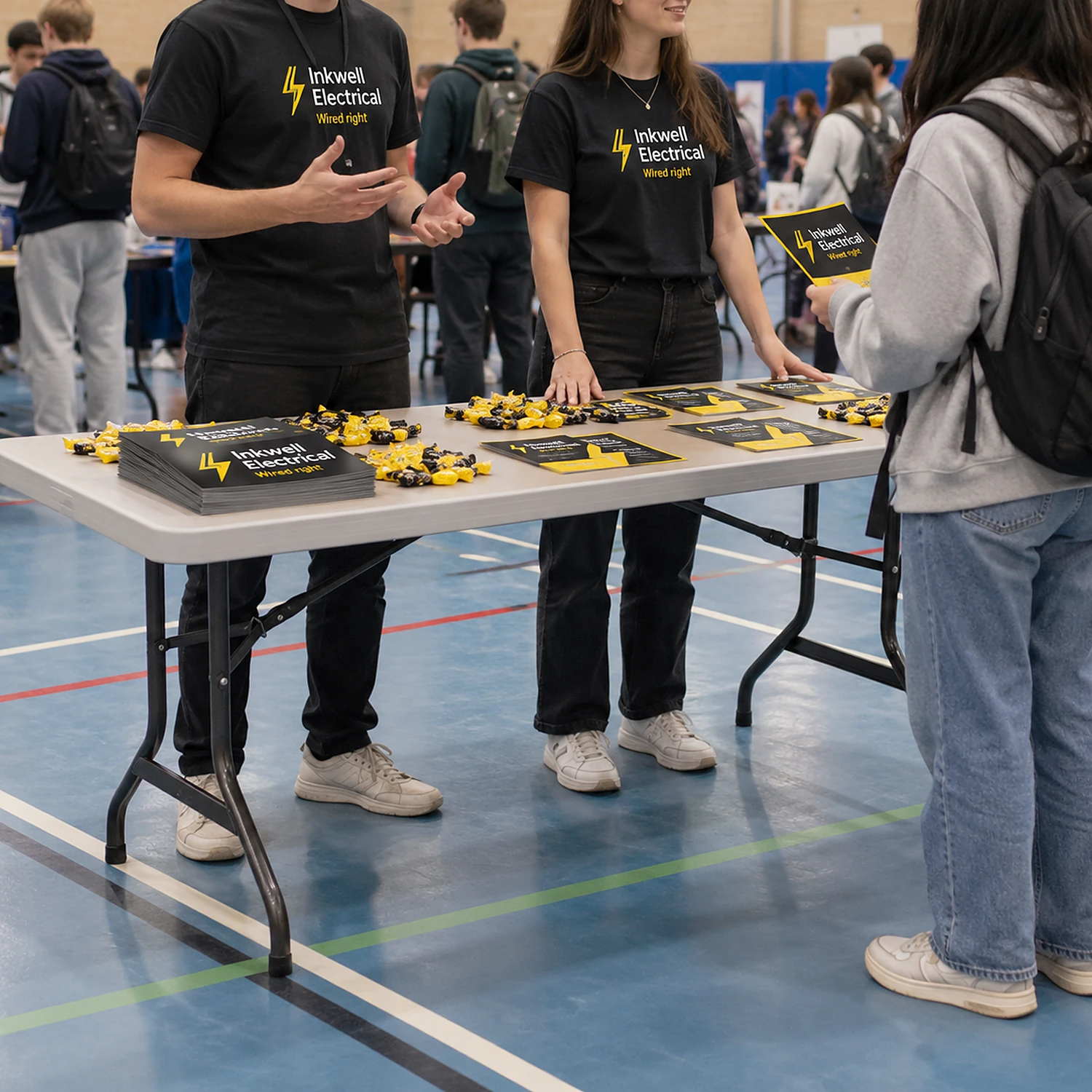 Folding trestle table in use at a university freshers fair
