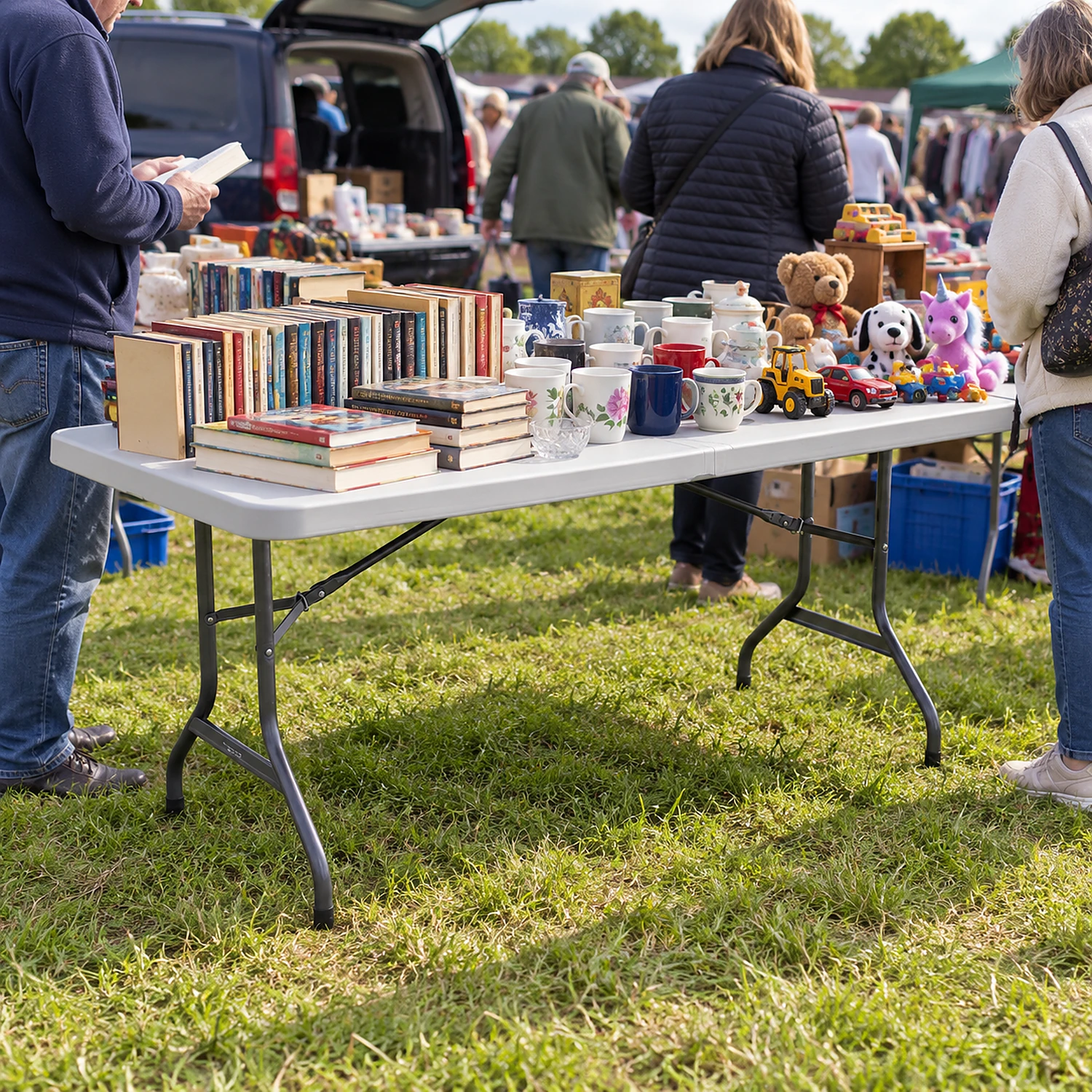 Folding trestle table in use at an outdoor market