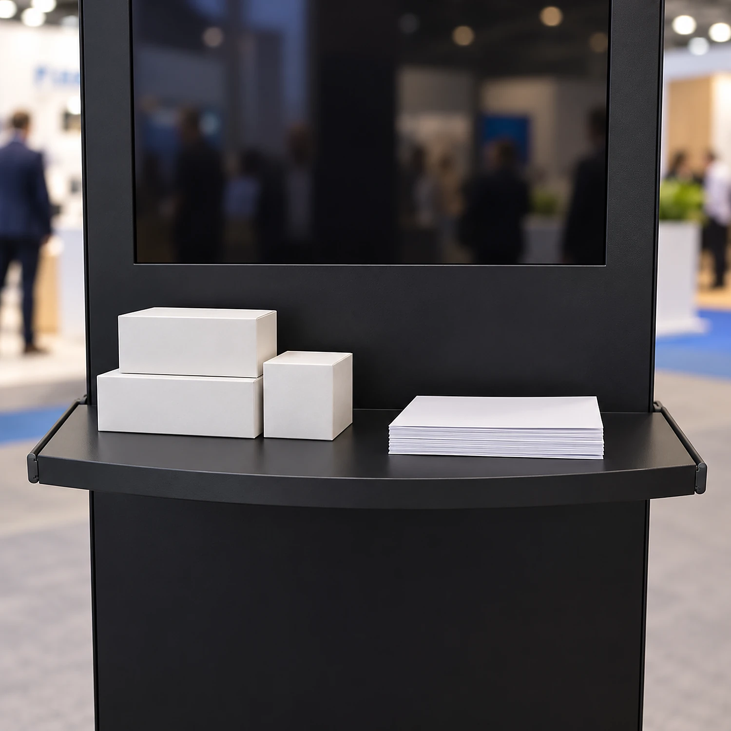Black shelf fitted below a kiosk screen at an exhibition