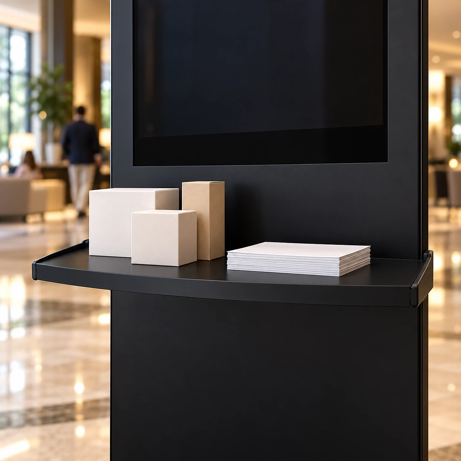 Black shelf on a kiosk in a hotel lobby