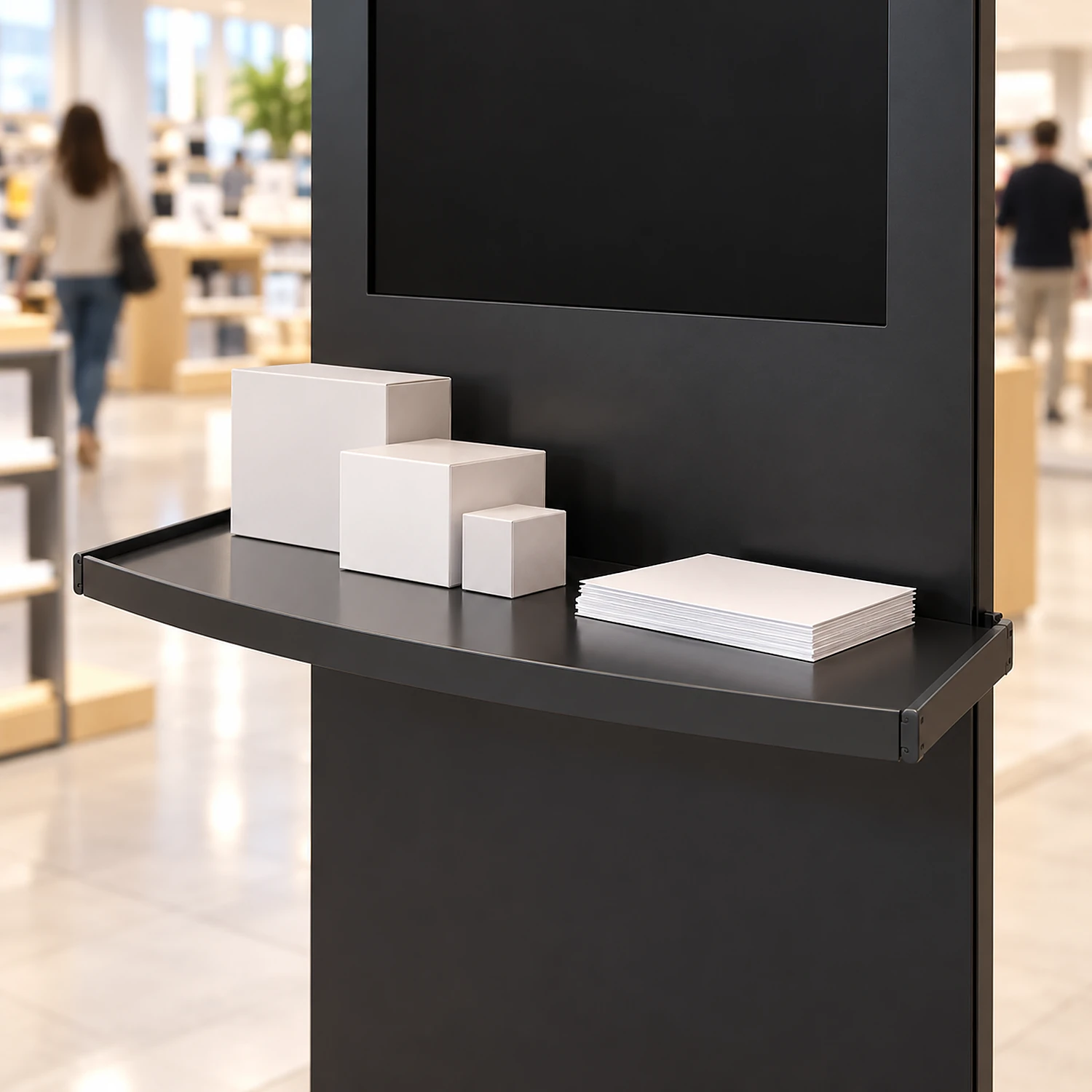 Black shelf on a kiosk in a shop