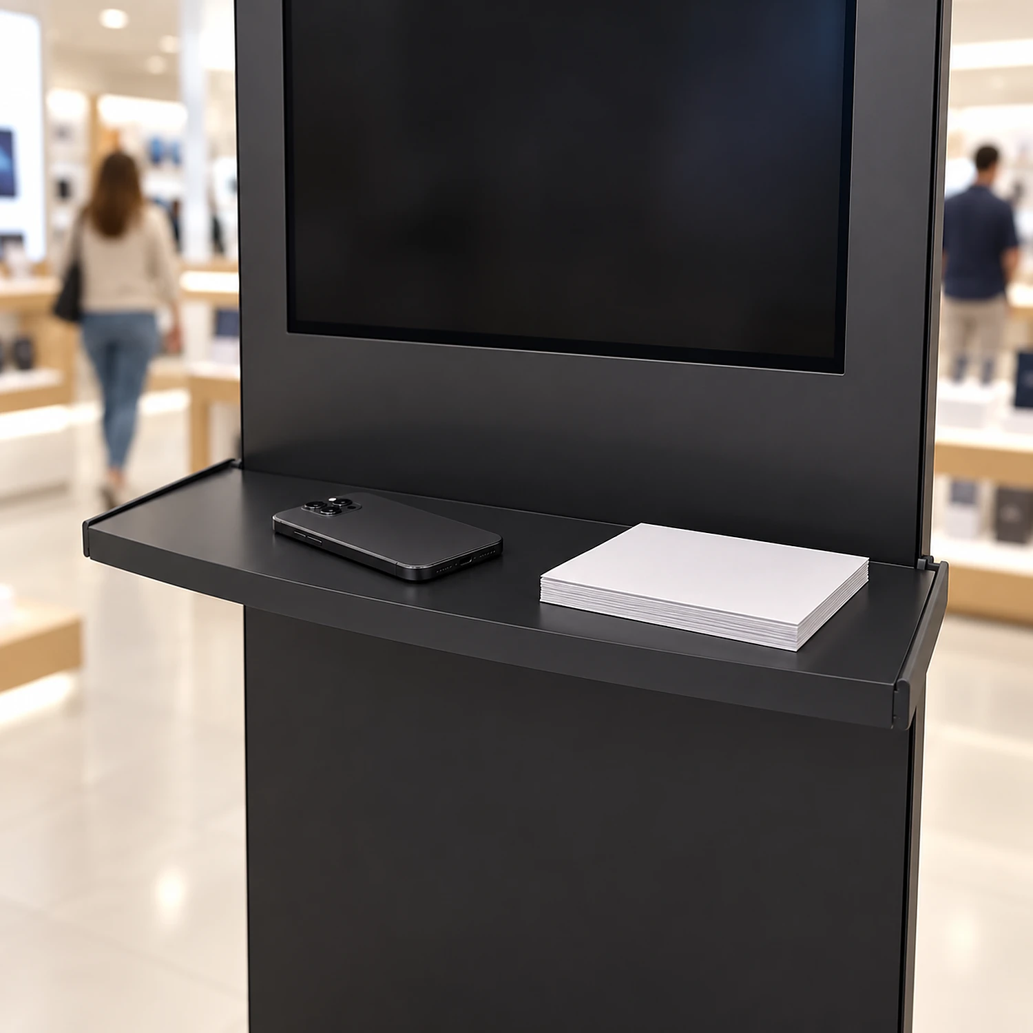 Black shelf with charger on a kiosk in a shop