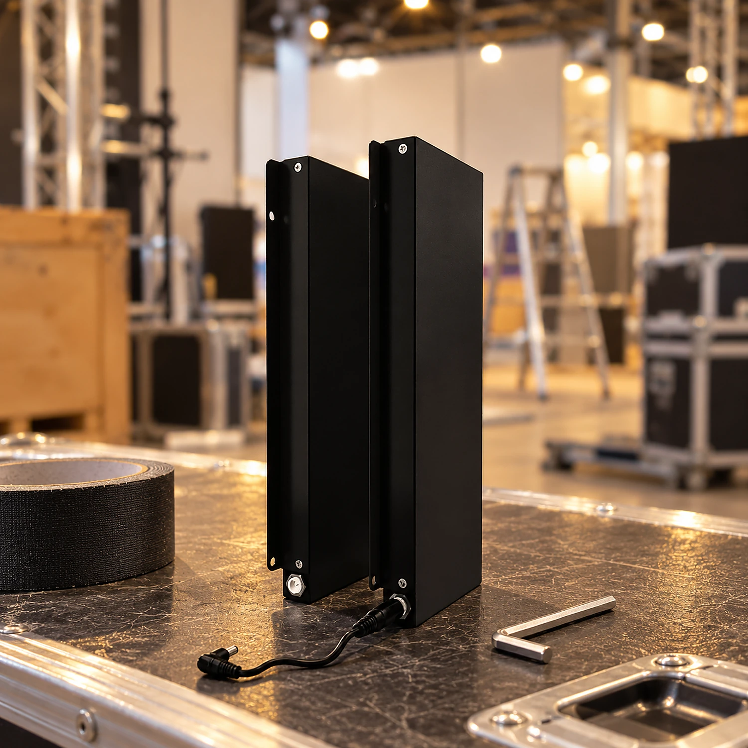 Rechargeable battery on a flight case during stand build-up