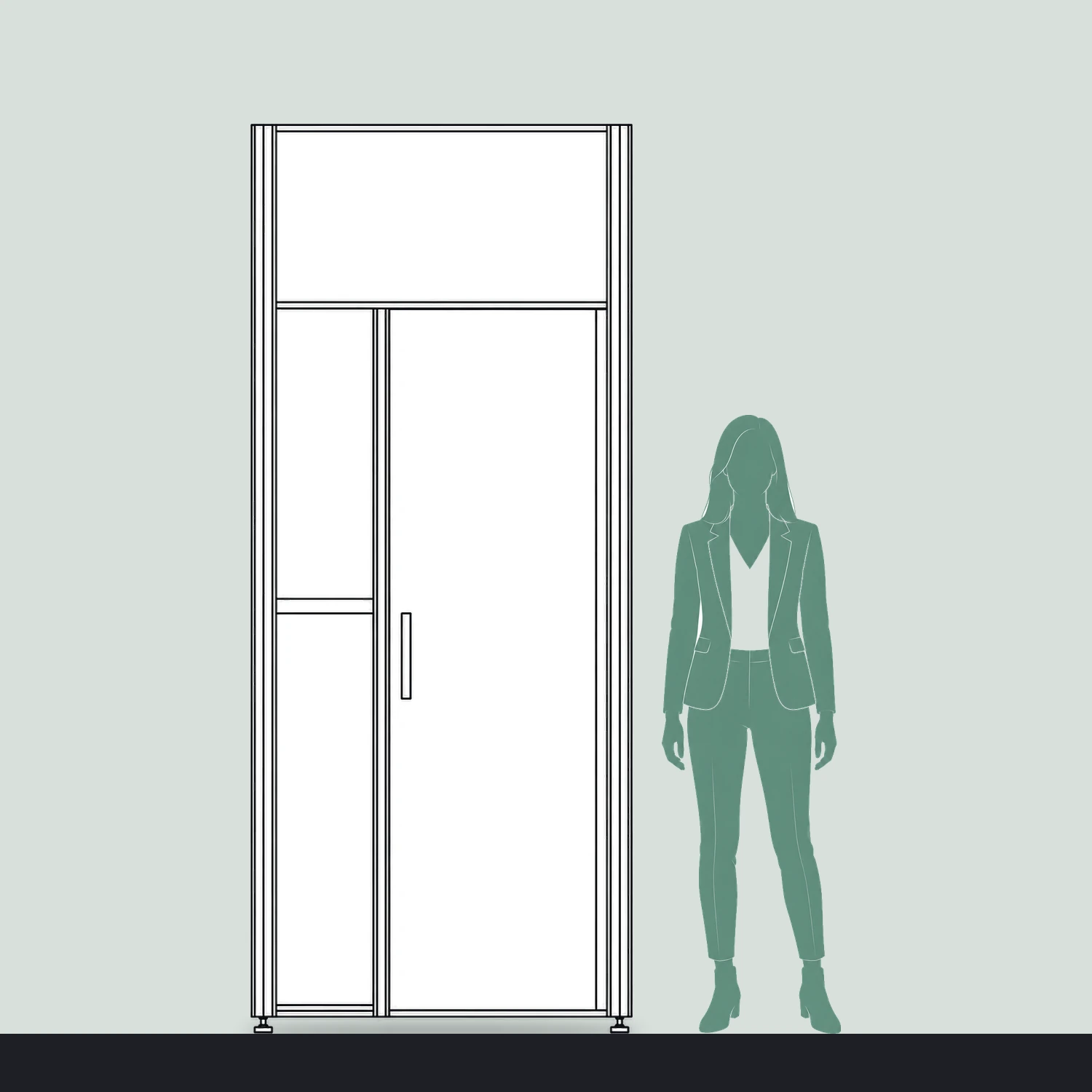1.05m x 2.5m Vector Storeroom Module size compared with a person
