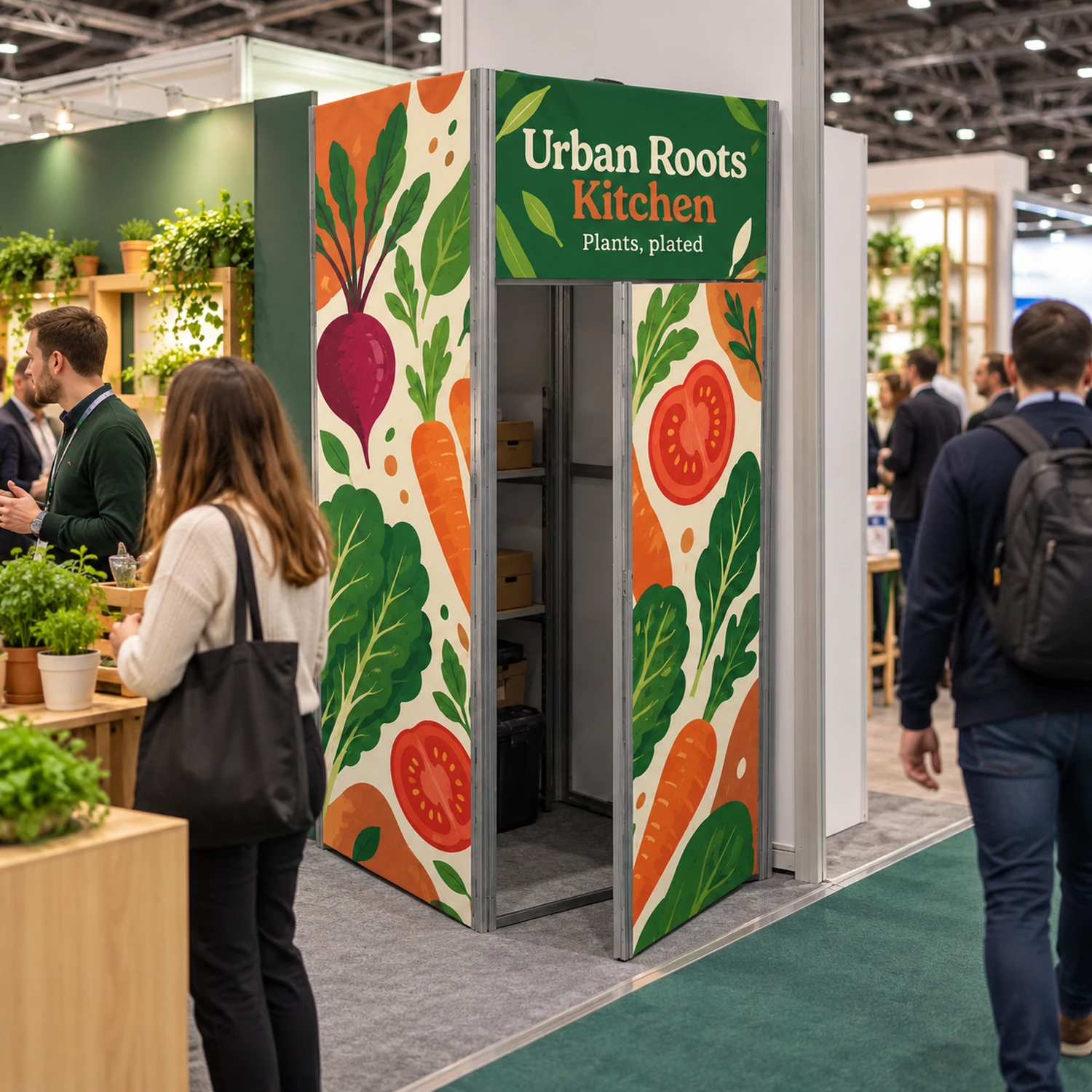 1.05m x 2.5m Vector Three-Sided Storeroom Module in use at an event