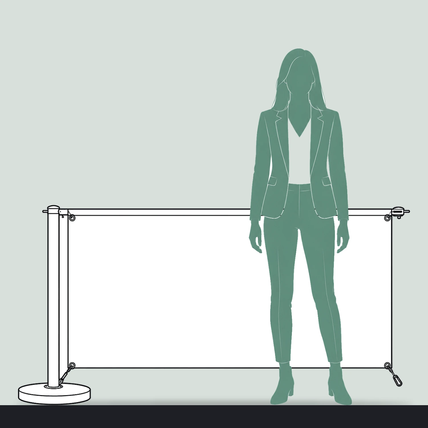 1.5m Economy Cafe Barrier Extension Kit with Fabric Banner size compared with a person