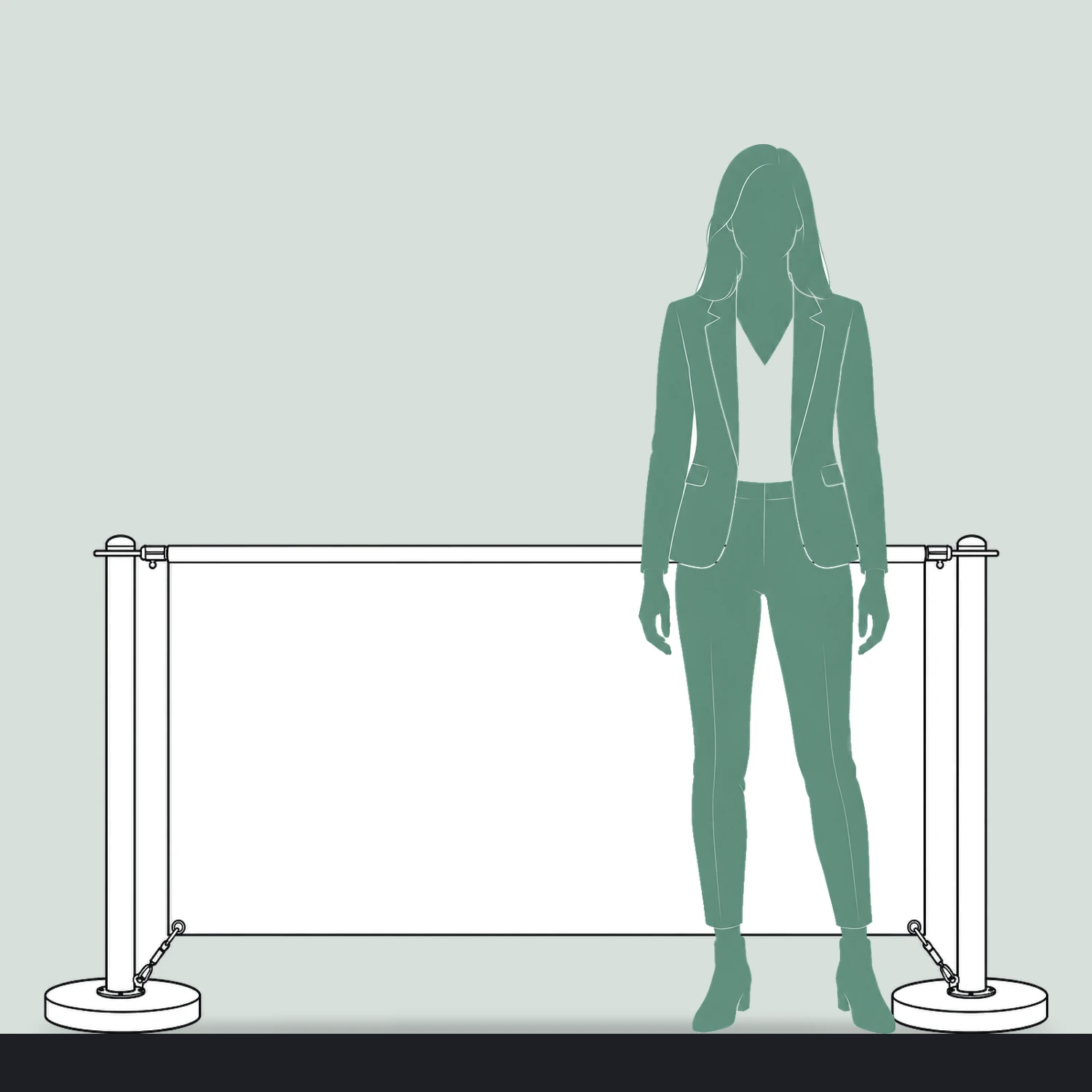 1.5m Economy Cafe Barrier Kit with Fabric Banner size compared with a person