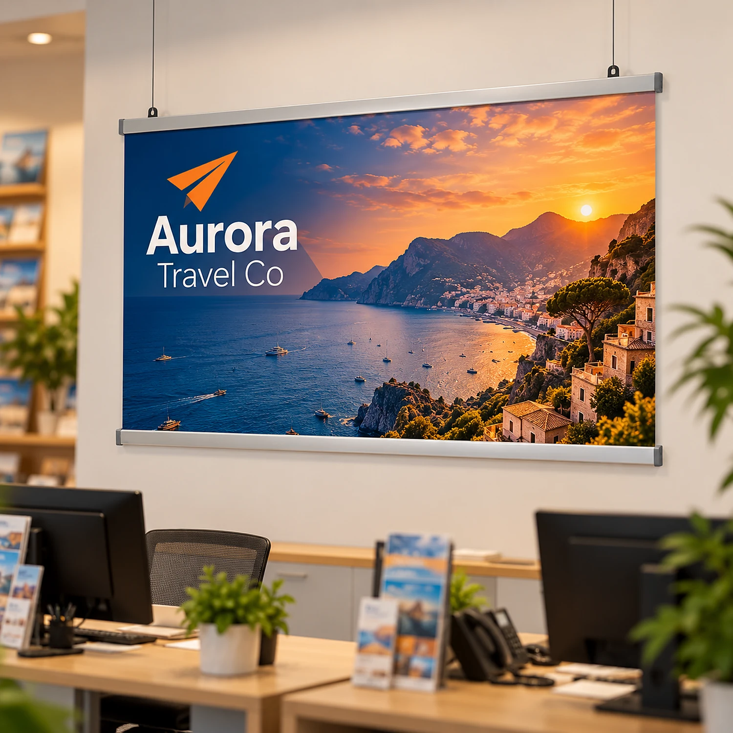 1.5m poster hanging rail set holding a poster in a travel agency office