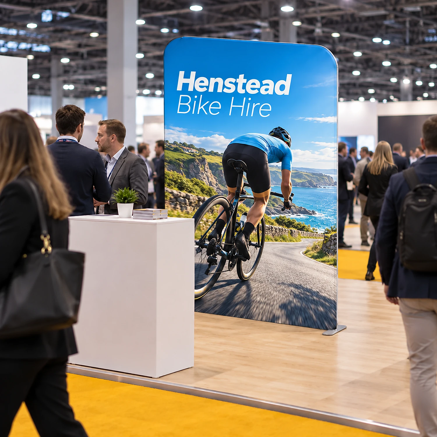 1.5m Straight Stretch Fabric Display Wall - Double-Sided, shown with example artwork