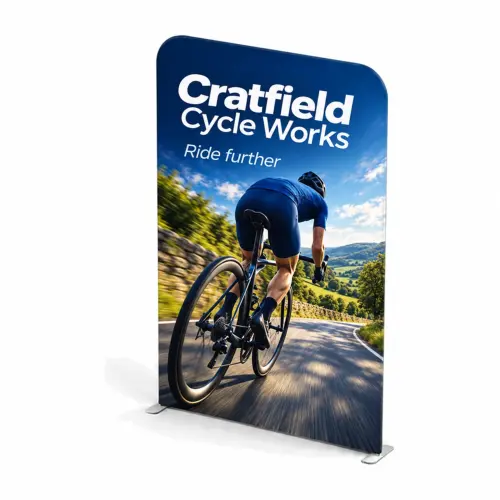 1.5m Straight Stretch Fabric Display Wall - Double-Sided, shown with example artwork