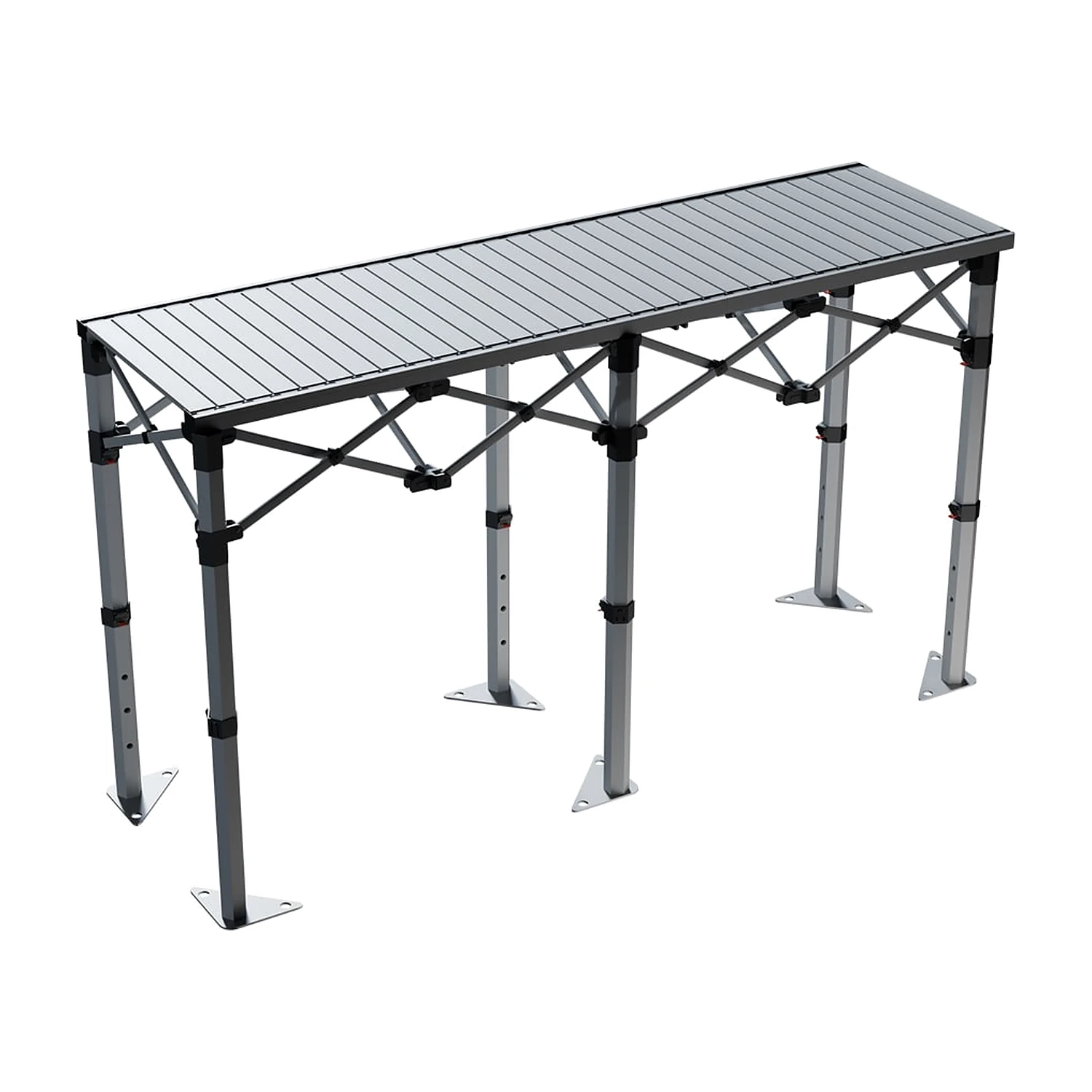 Folding outdoor event table with slatted top, shown without its printed skirt