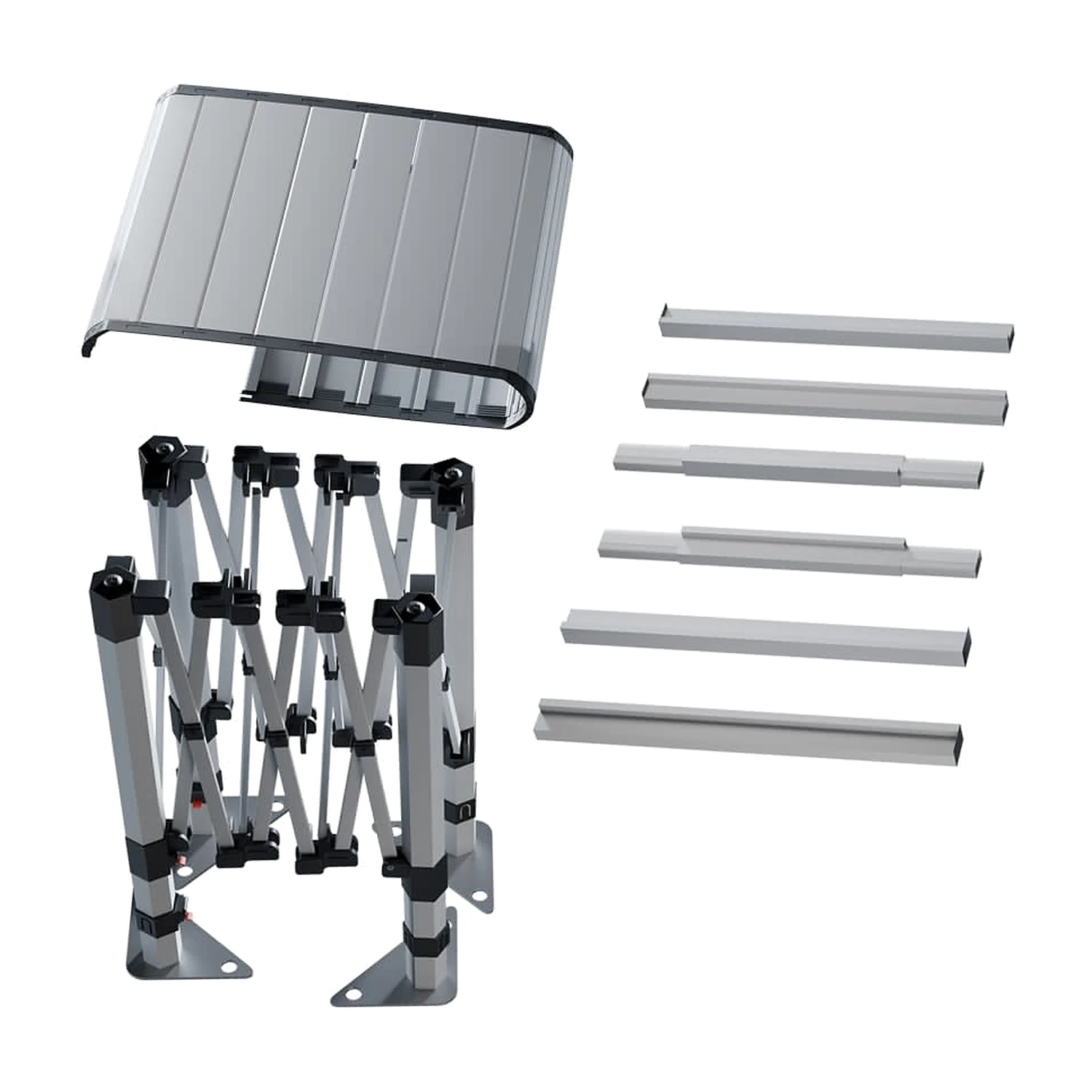 Outdoor table kit: folded frame, roll-up top and support rails