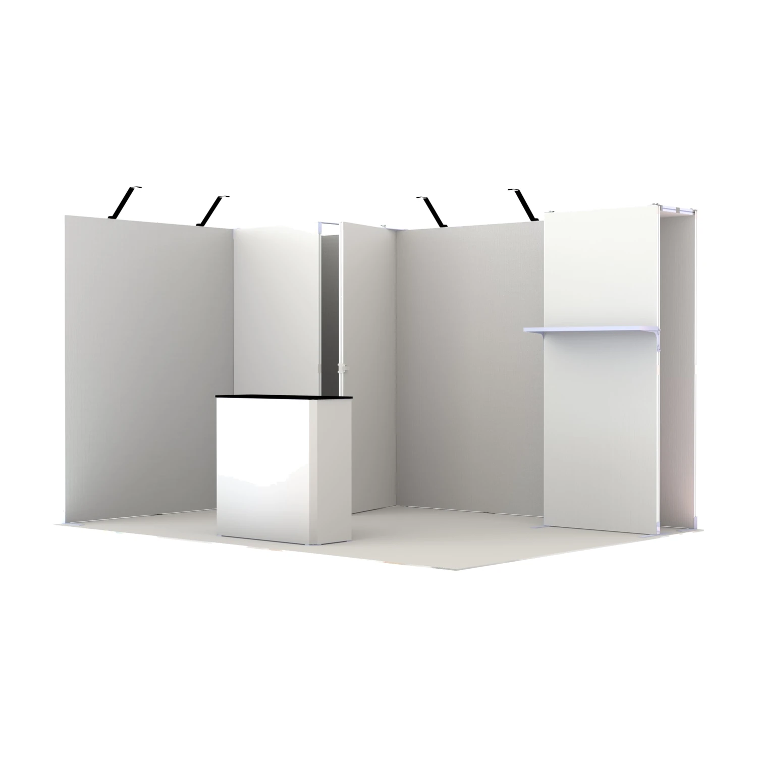 Modular exhibition stand layout shown with unprinted panels, storeroom, shelf, counter and arm lights