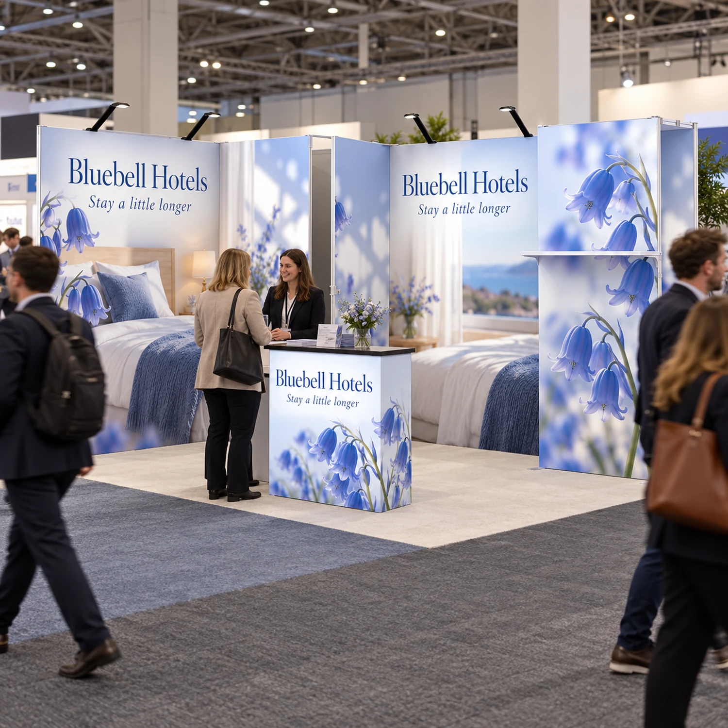 12m² Fastframe Modular Exhibition Stand with Storeroom and Counter in use at an event
