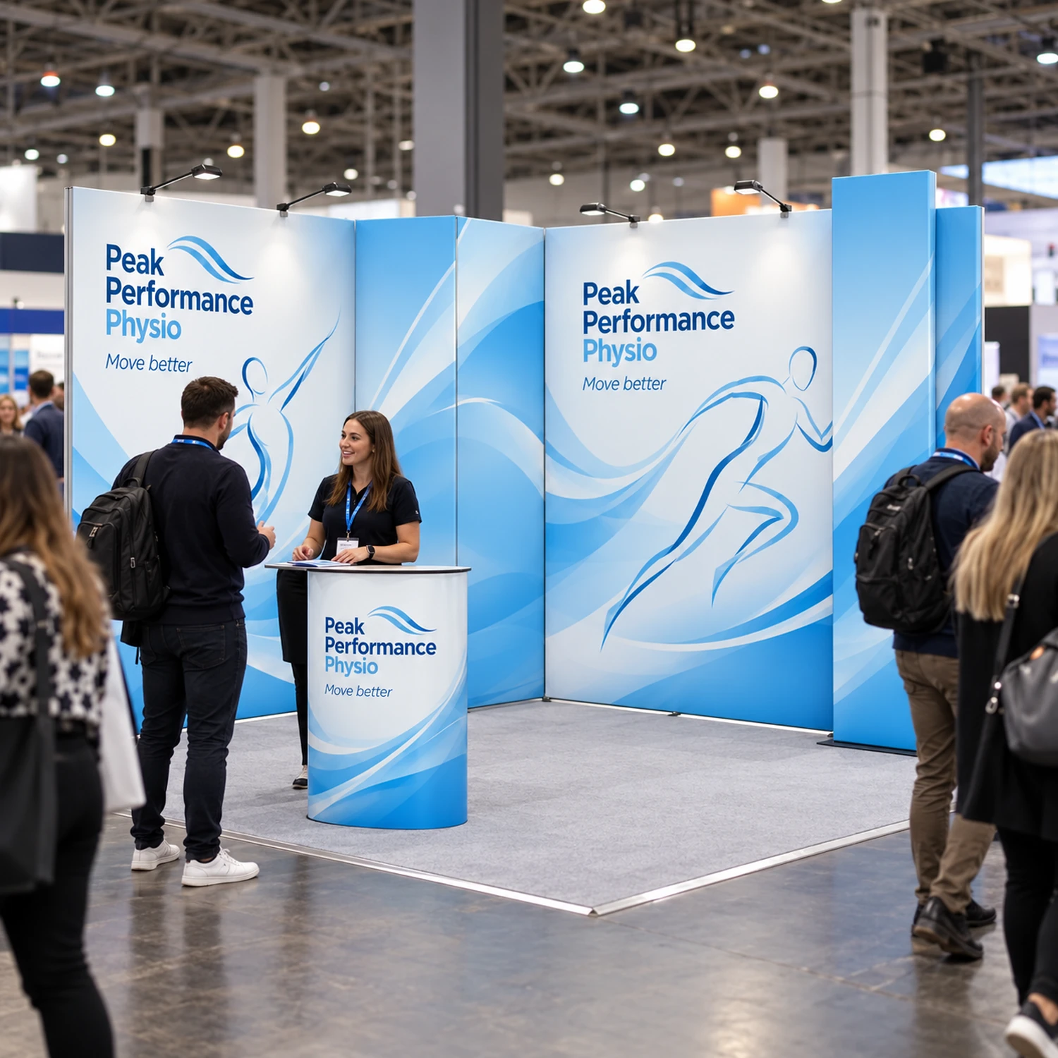 12m² Modulate Modular Exhibition Stand with Storeroom and Counter in use at an event