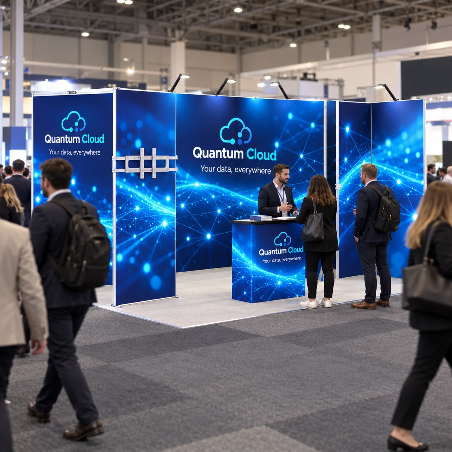 15m² Fastframe Modular Exhibition Stand with Storeroom, Screen Mount and Counter in use at an event
