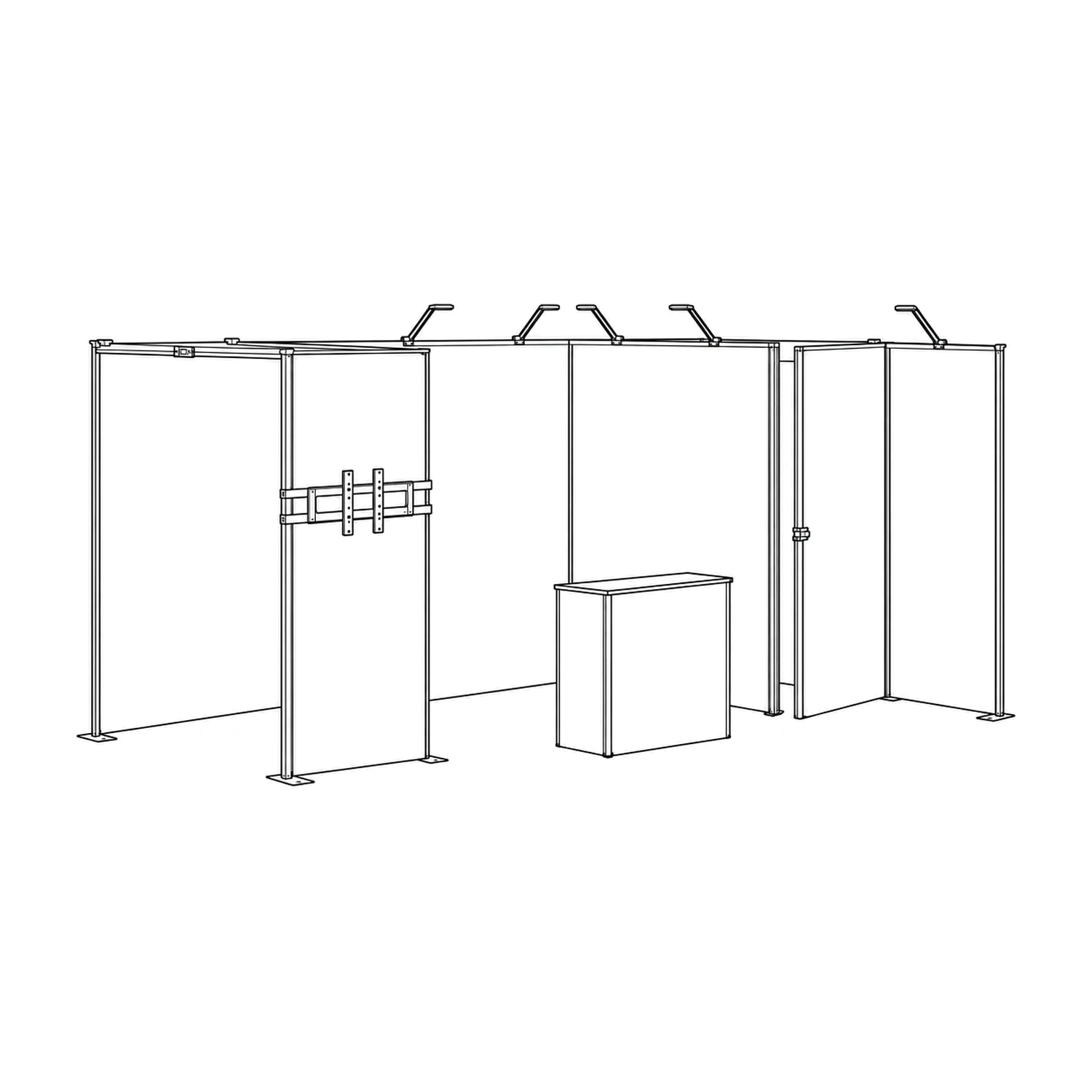 15m² Fastframe Modular Exhibition Stand with Storeroom, Screen Mount and Counter line drawing