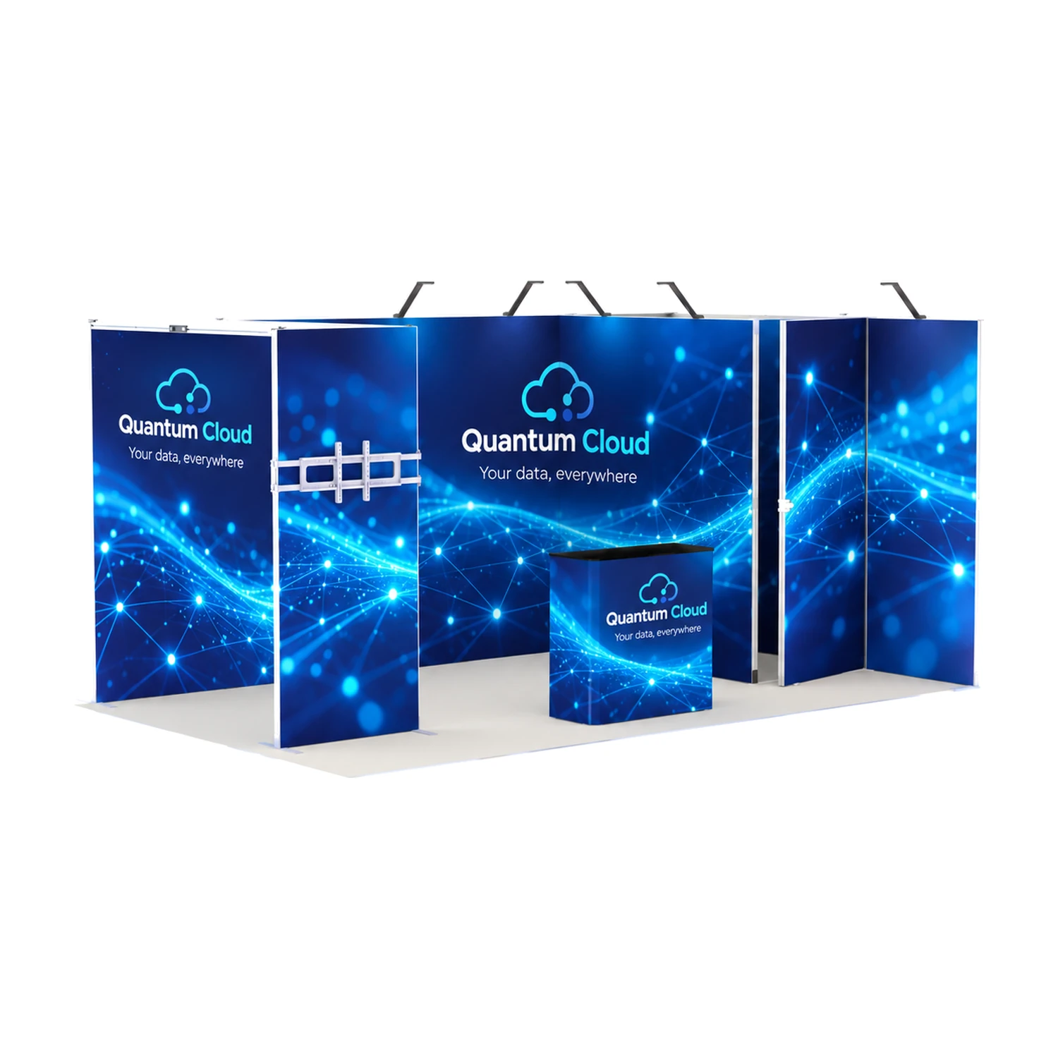 15m² Fastframe Modular Exhibition Stand with Storeroom, Screen Mount and Counter with example artwork