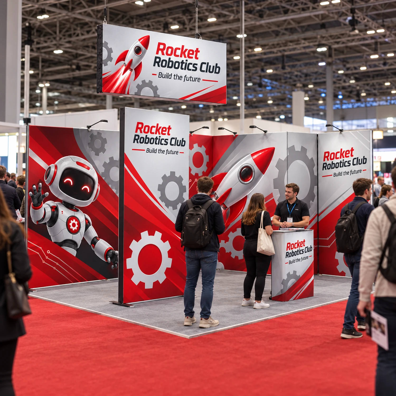 15m² Modulate Modular Exhibition Stand with Storeroom, Lightbox and Counter in use at an event