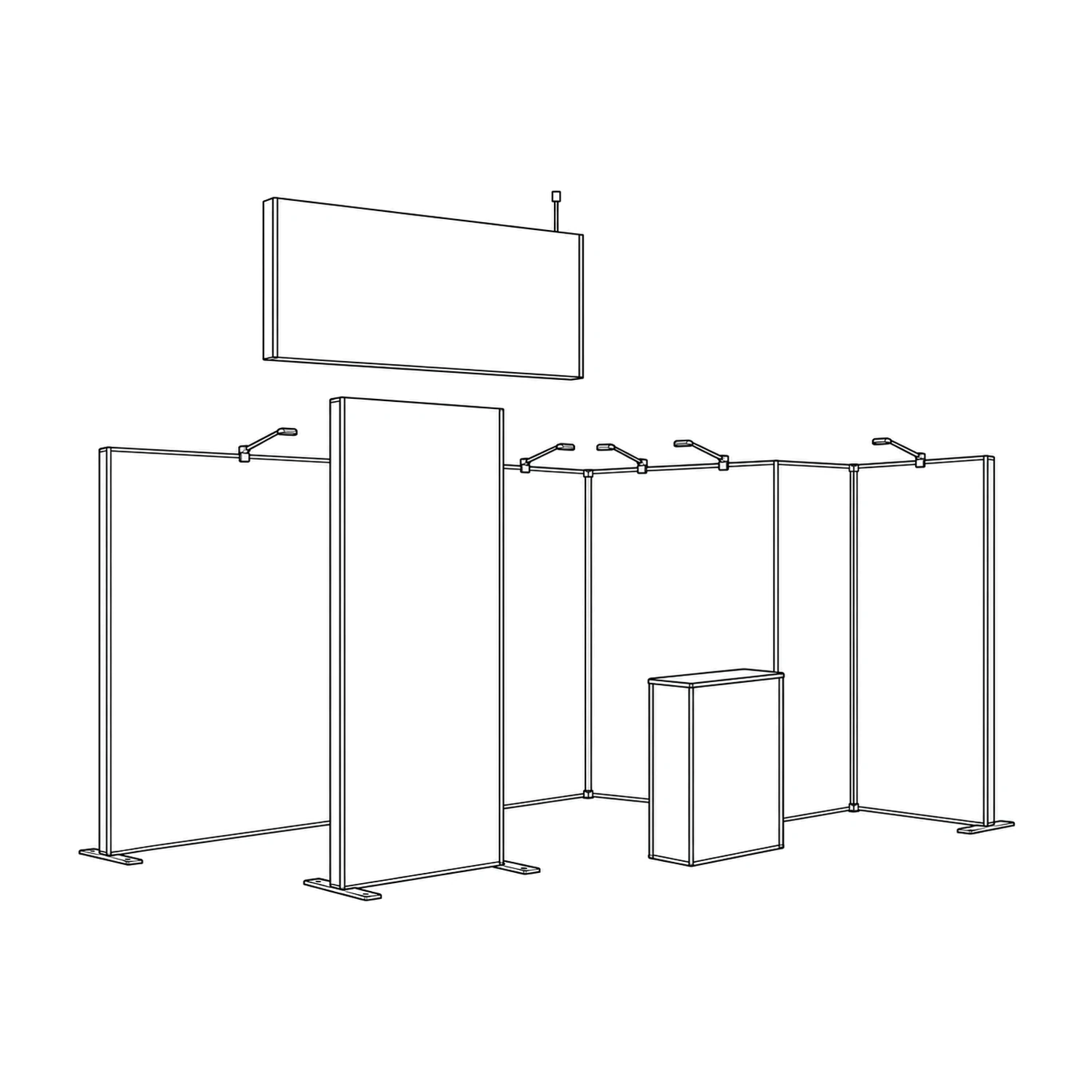 15m² Modulate Modular Exhibition Stand with Storeroom, Lightbox and Counter line drawing