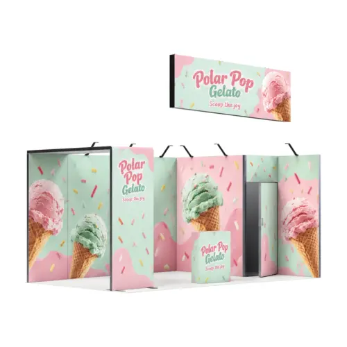 15m² Vector Modular Exhibition Stand with Storeroom, Lightbox and Counter with example artwork