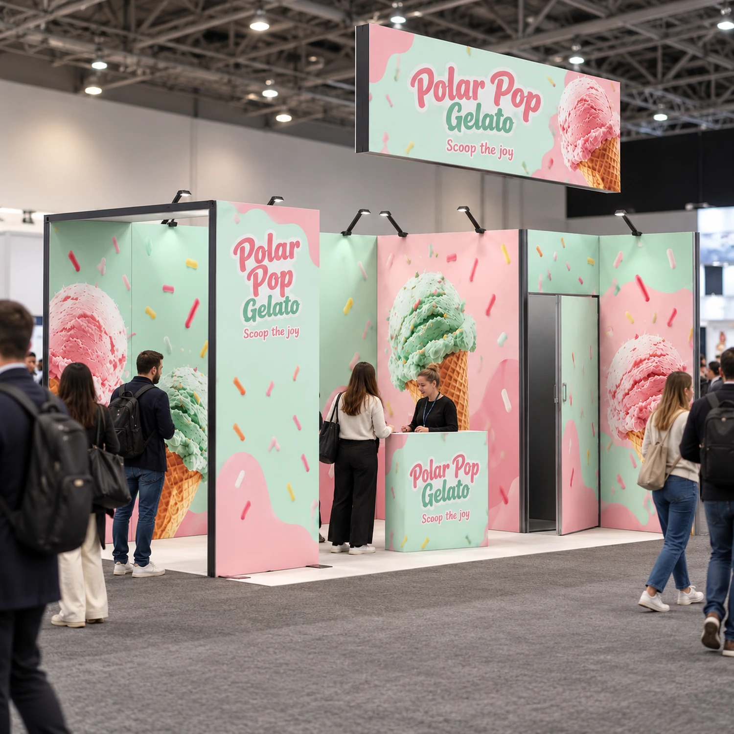 15m² Vector Modular Exhibition Stand with Storeroom, Lightbox and Counter in use at an event