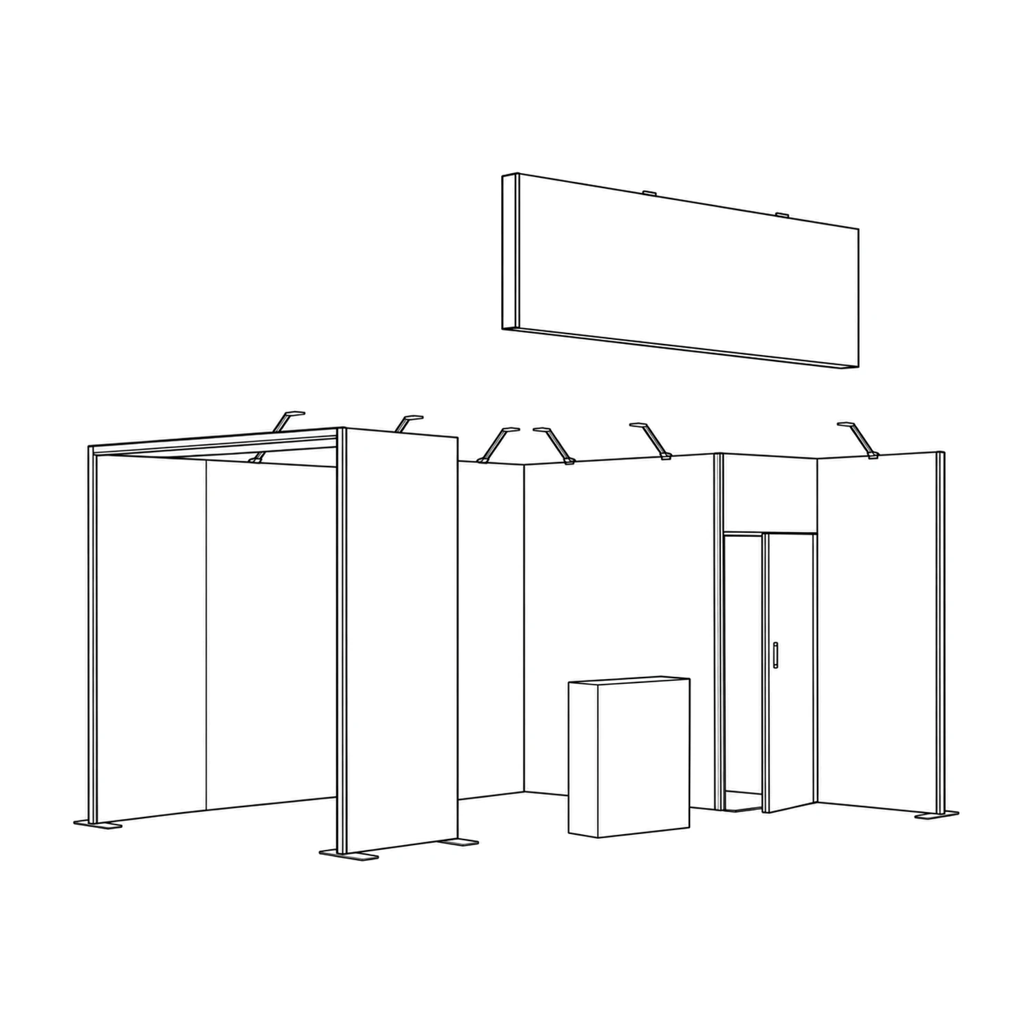 15m² Vector Modular Exhibition Stand with Storeroom, Lightbox and Counter line drawing