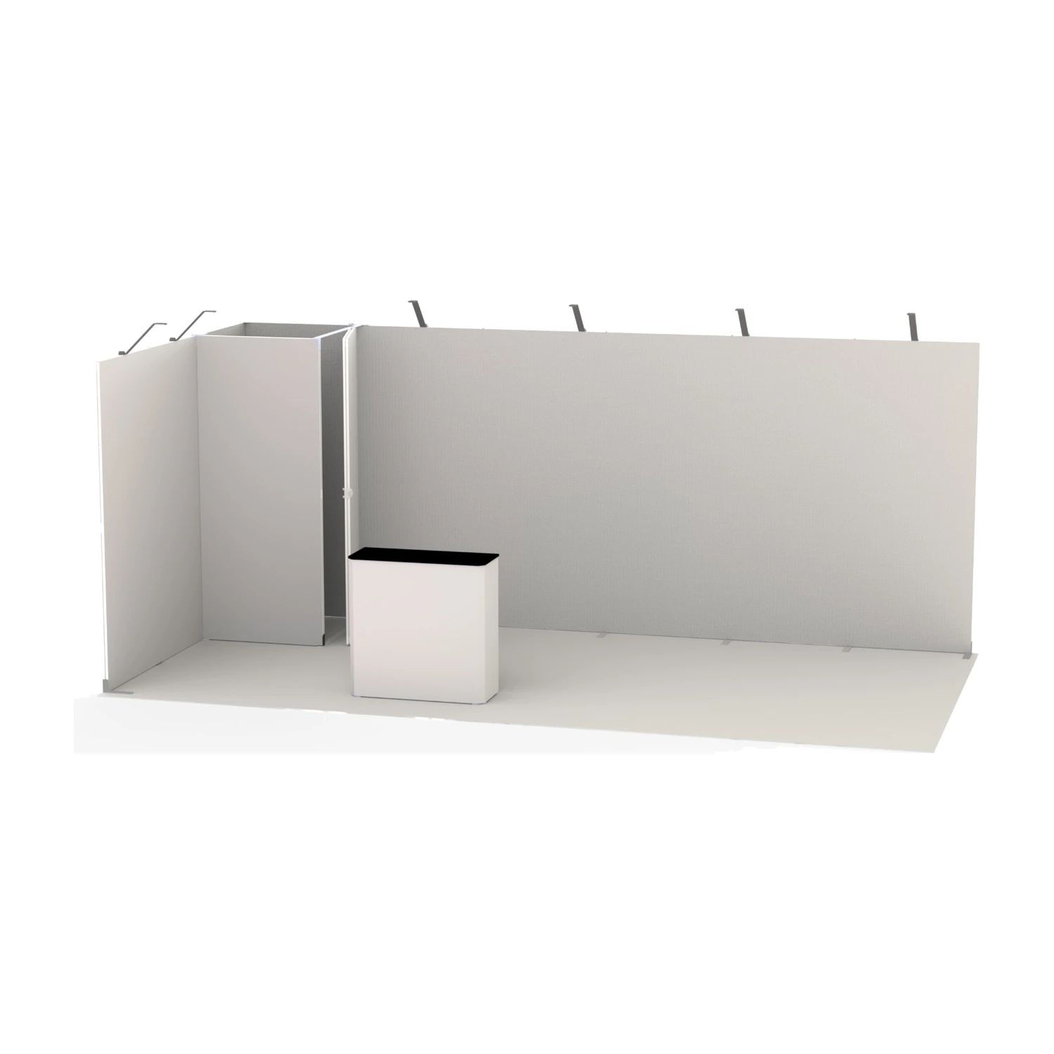 Modular exhibition stand layout shown with unprinted panels, storeroom, counter and arm lights