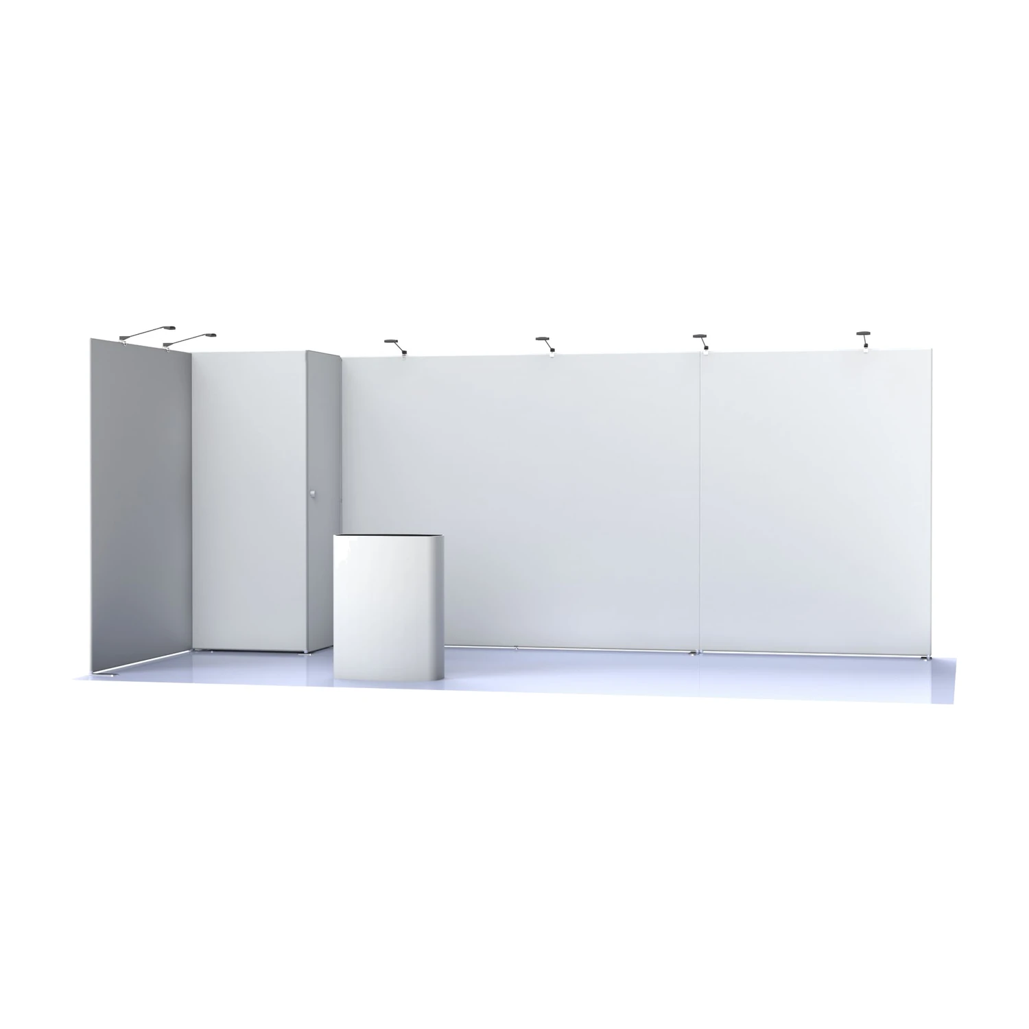Modular exhibition stand layout shown with unprinted panels, storeroom, counter and arm lights