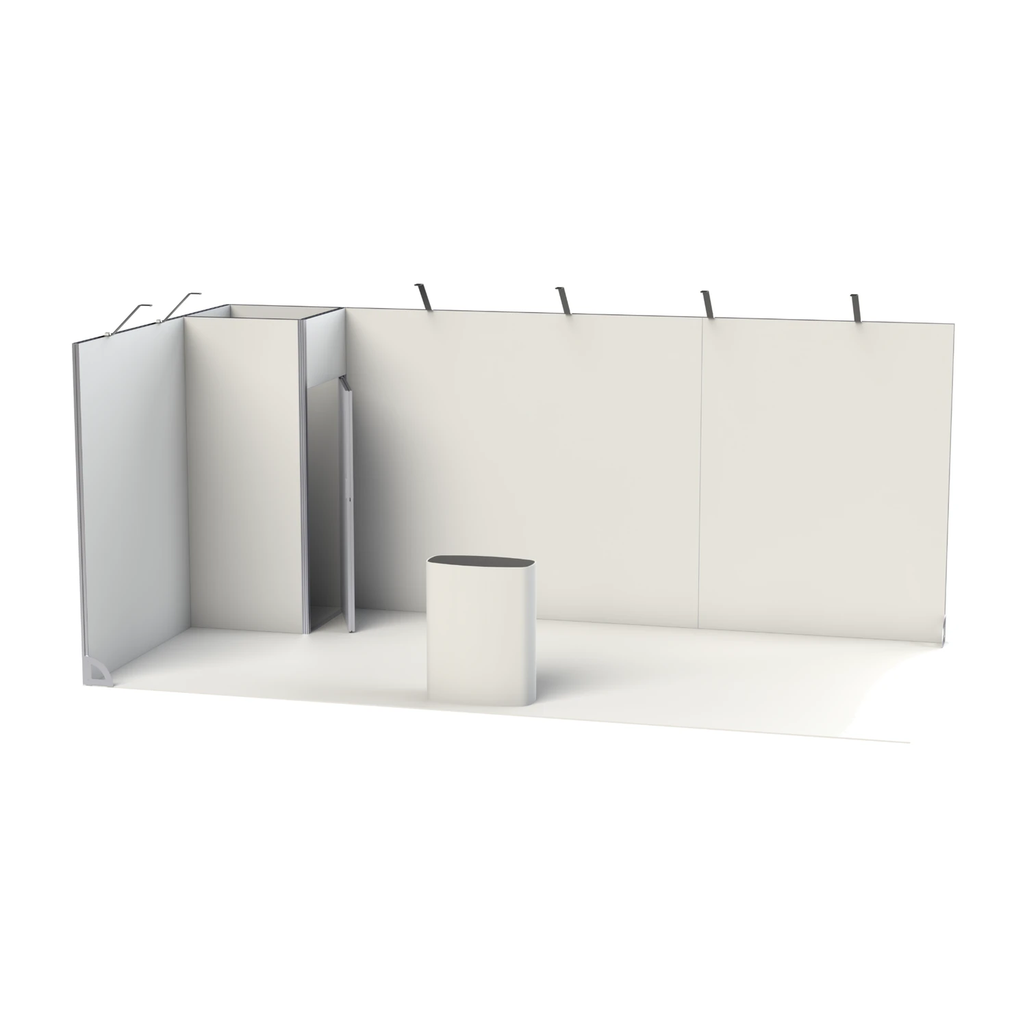 Modular exhibition stand layout shown with unprinted panels, storeroom, counter and arm lights