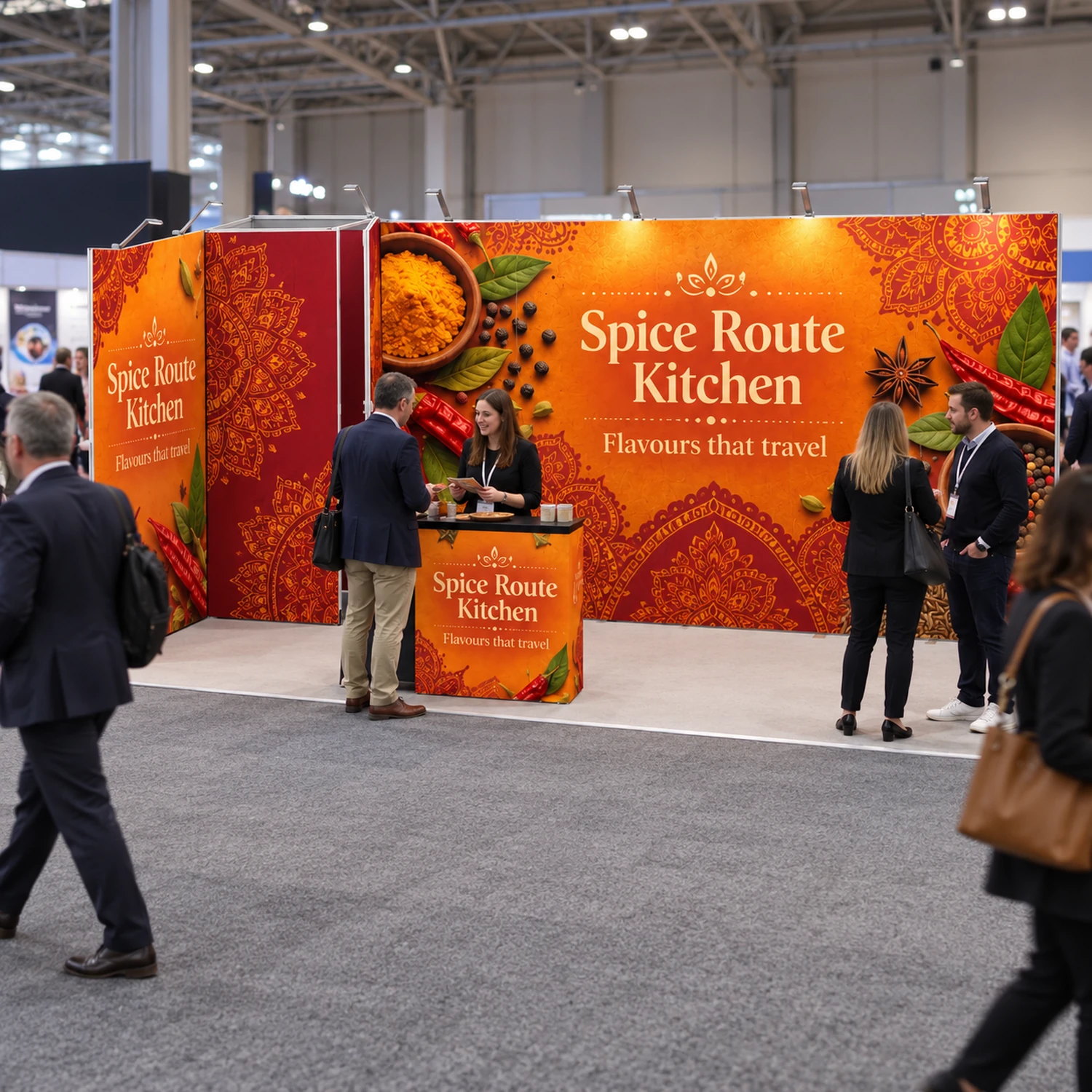 18m² Fastframe Modular Exhibition Stand with Storeroom and Counter in use at an event